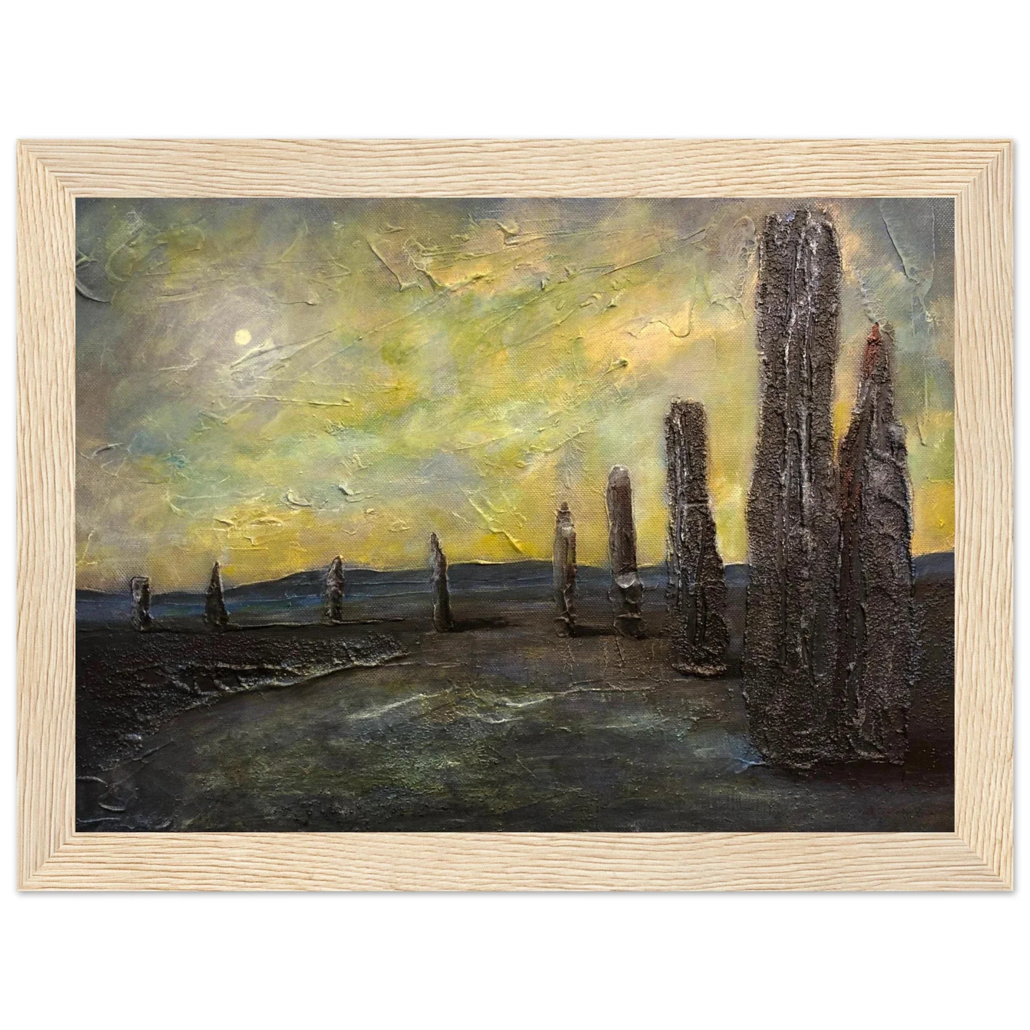 Textured oil painting of Ring of Brodgar stones in yellow-gray sky, wood frame