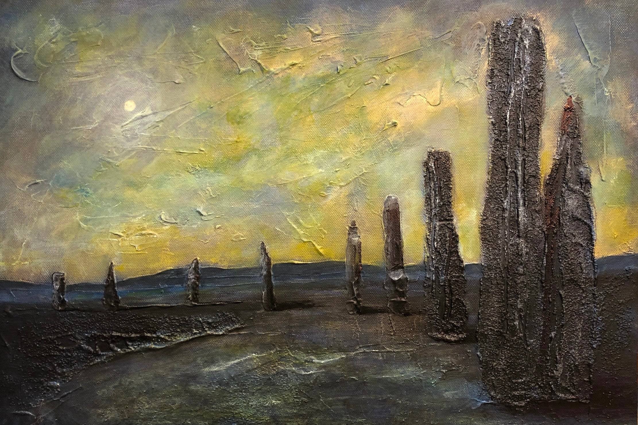 Textured painting of ancient Standing Stones under a moonlit cloudy sky for Brodgar wall art