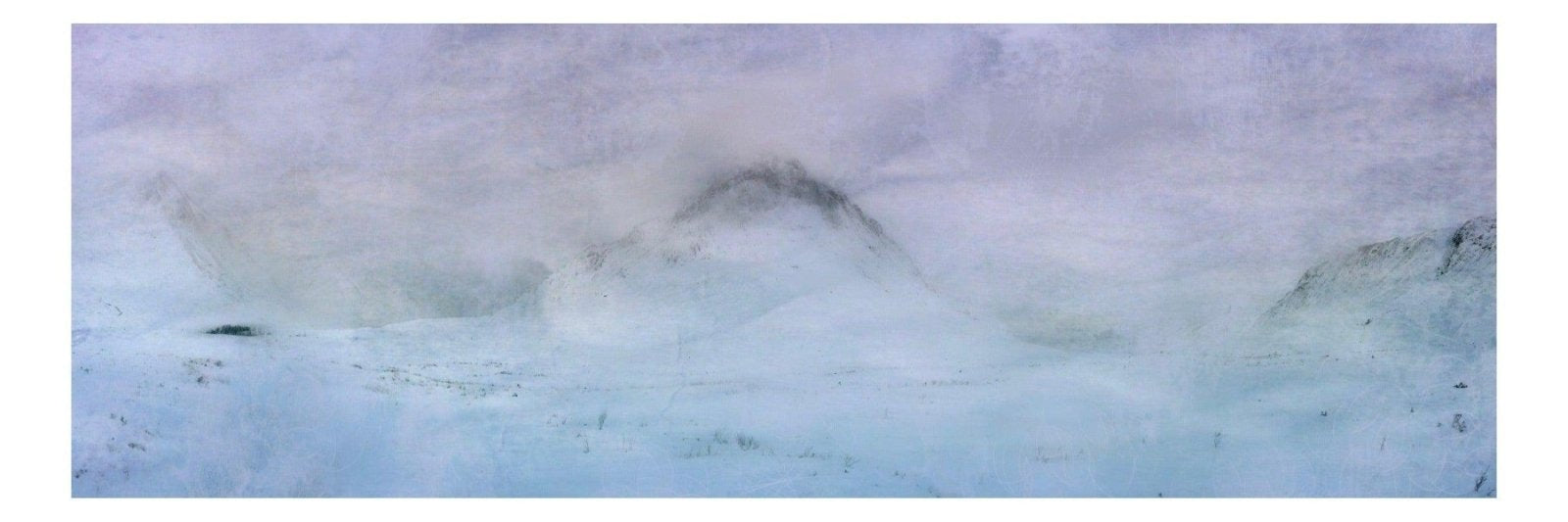 Panoramic view of Cloudy Misty Landscape with Mountains and Water for Etive Snow Glencoe Prints