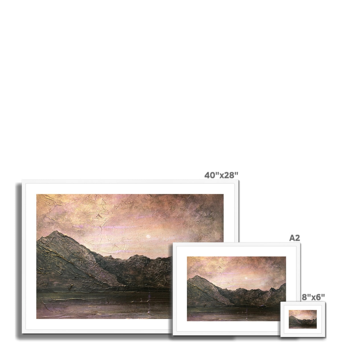 Dubh Ridge Moonlight textured mountain art print in white frame