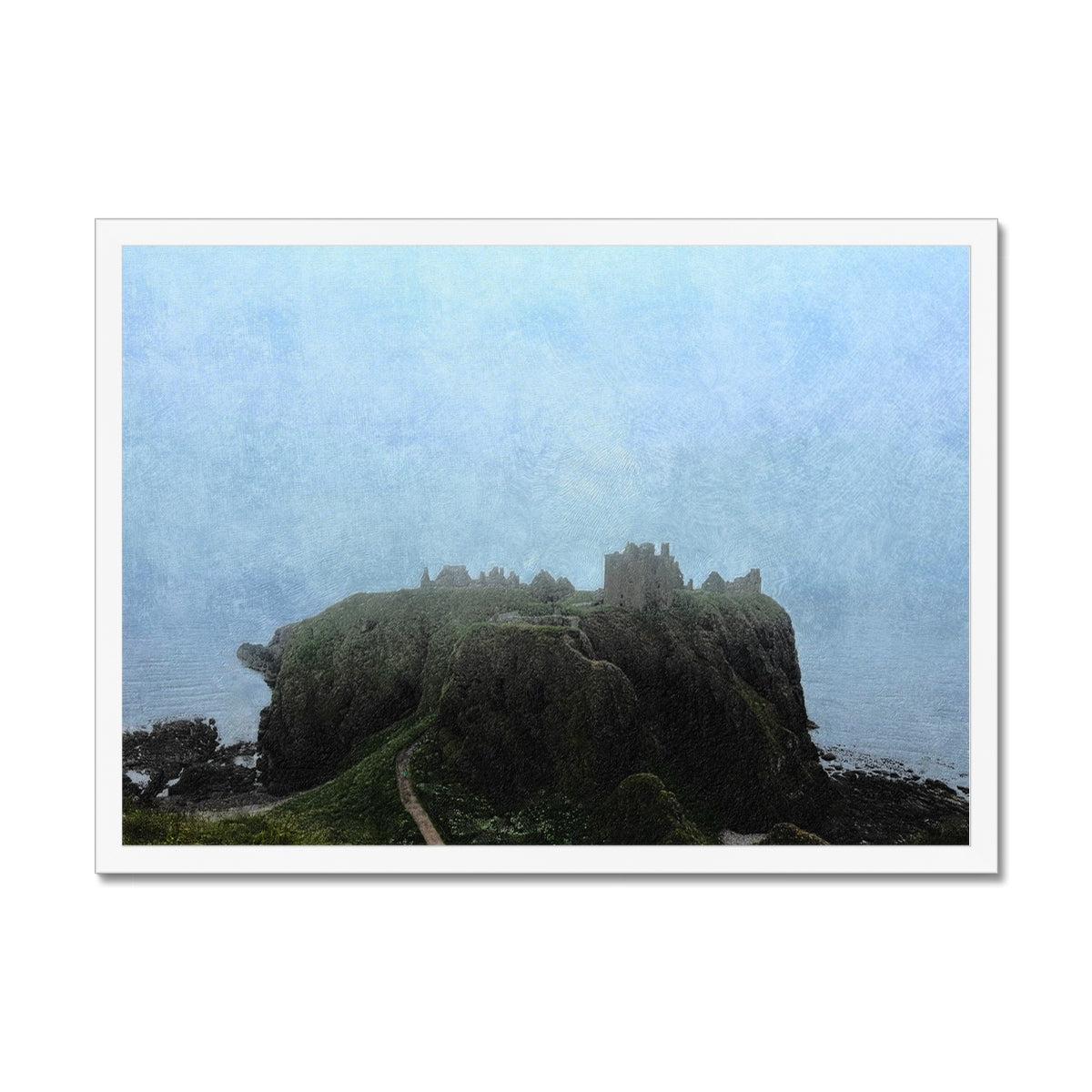 Dunnottar Castle Mist Painting | Framed Prints From Scotland-Framed Prints-Historic & Iconic Scotland Art Gallery-A2 Landscape-White Frame-Paintings, Prints, Homeware, Art Gifts From Scotland By Scottish Artist Kevin Hunter