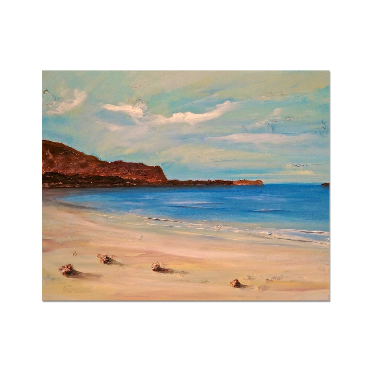 Bosta Beach painting by Lewis: sandy shore, blue waves, rocky cliffs