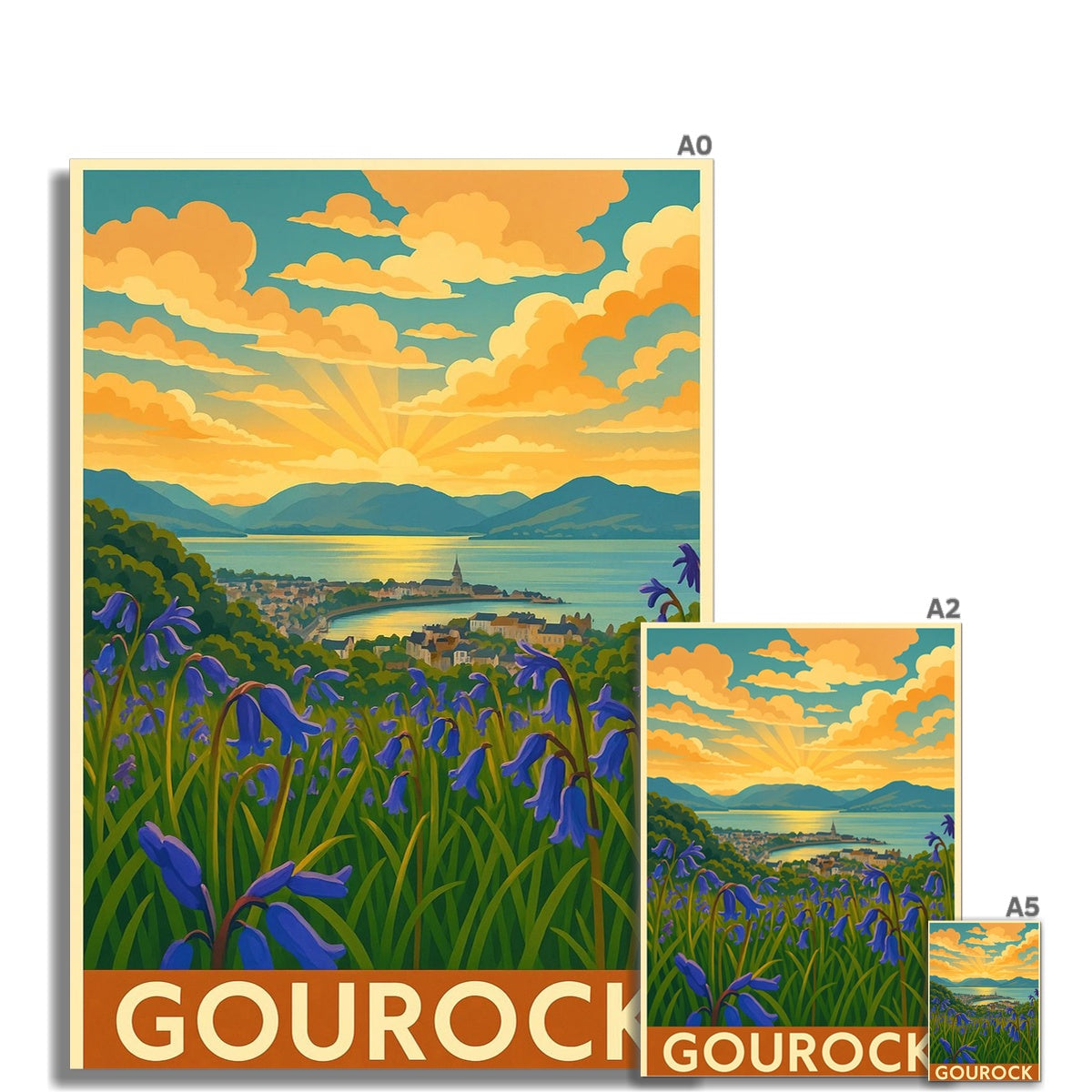Vintage-style gourock bluebells fine art print featuring bluebells foreground and golden sunset over mountains on paper