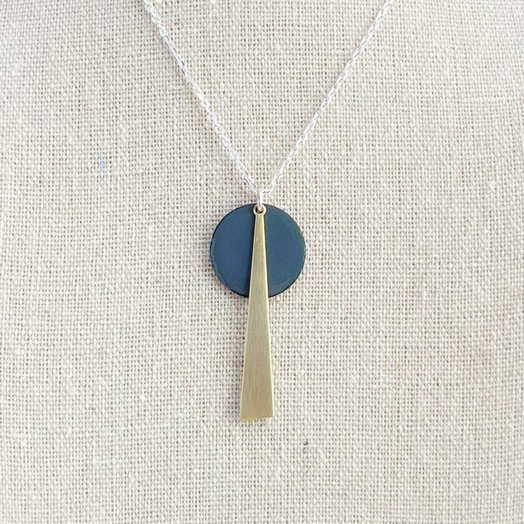 Steel Grey Geometric Necklace with dark blue disc and gold triangle pendant