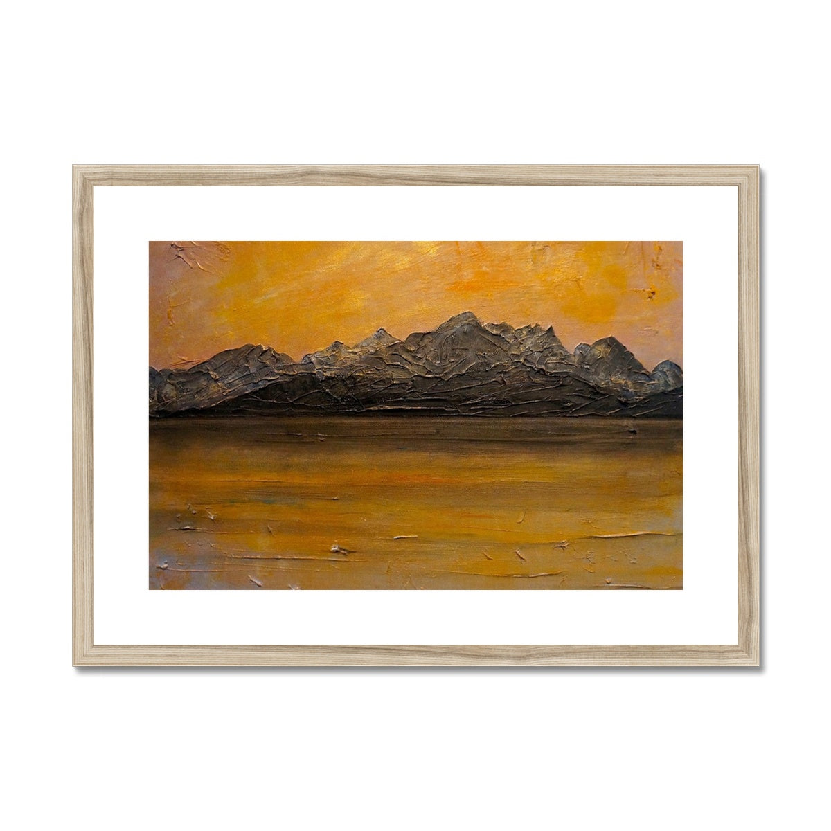 Cuillin Sunset Skye Painting | Framed & Mounted Prints From Scotland-Framed & Mounted Prints-Skye Art Gallery-A2 Landscape-Natural Frame-Paintings, Prints, Homeware, Art Gifts From Scotland By Scottish Artist Kevin Hunter