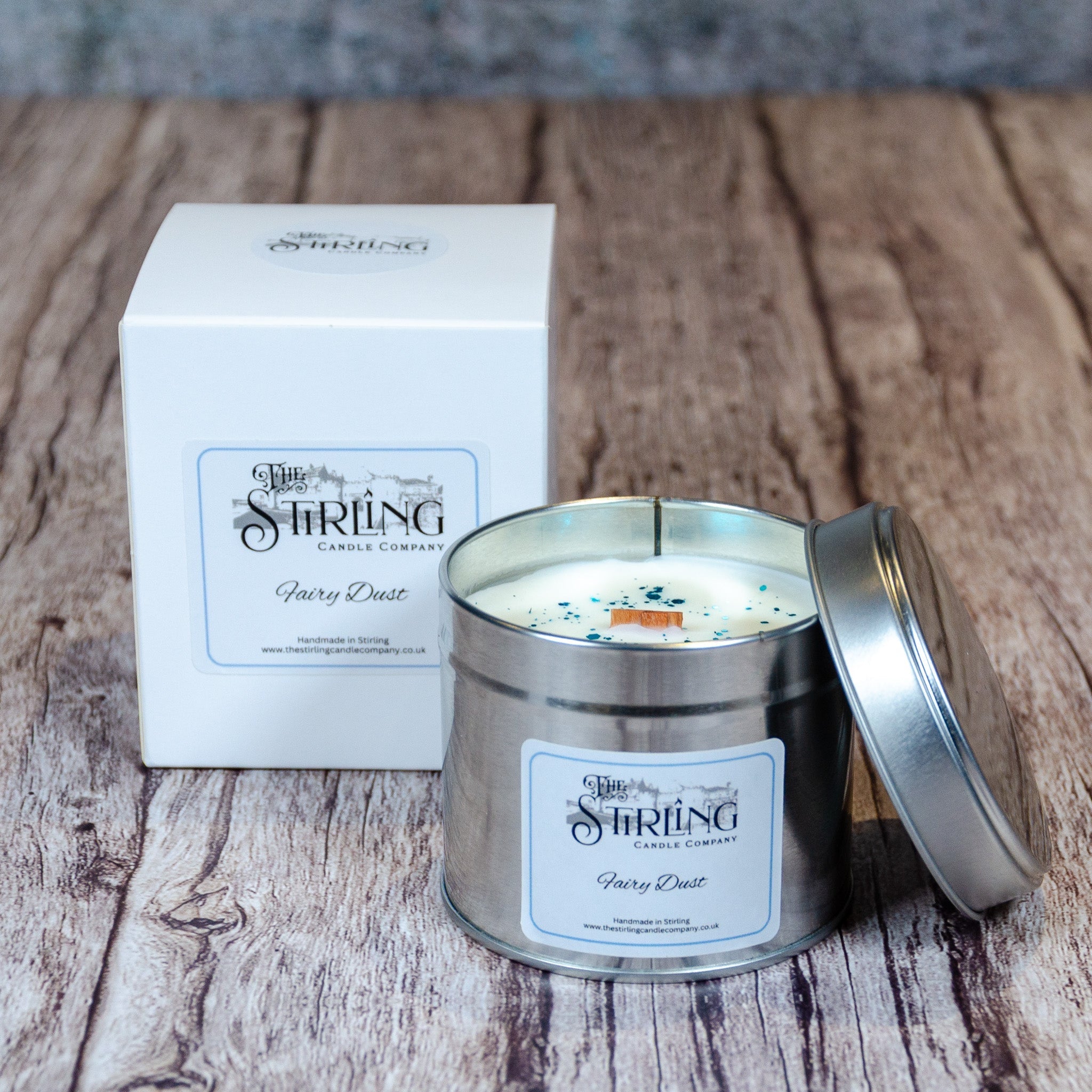 Fairy Dust travel tin candle with wooden wick from Stirling Candle Company