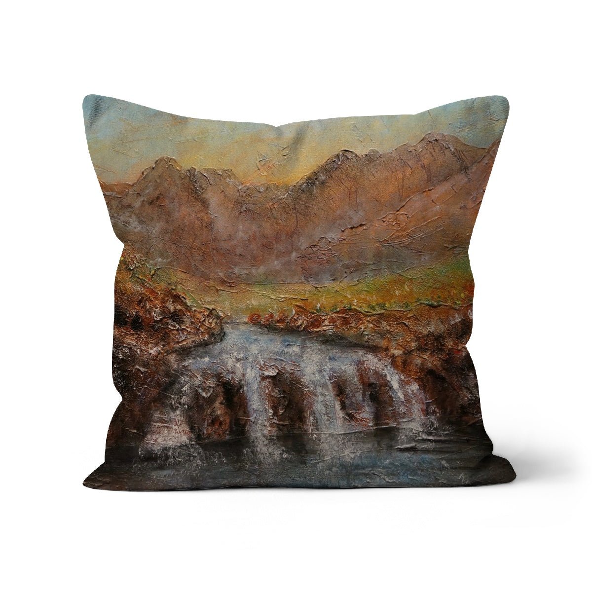 Fairy Pools Dawn Skye Art Gifts Cushion-Cushions-Skye Art Gallery-Linen-18"x18"-Paintings, Prints, Homeware, Art Gifts From Scotland By Scottish Artist Kevin Hunter
