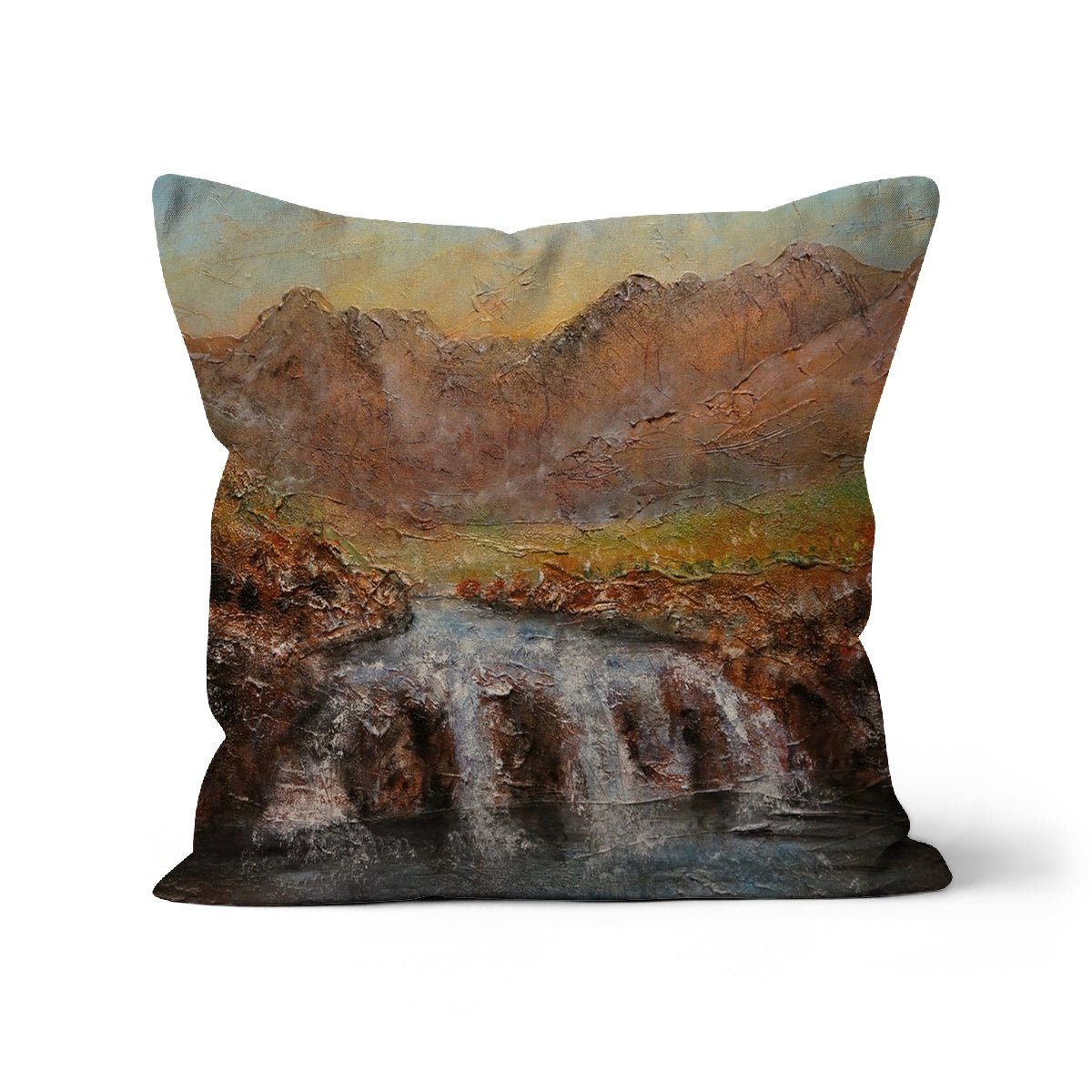 Fairy Pools Dawn Skye Art Gifts Cushion-Cushions-Skye Art Gallery-Linen-12"x12"-Paintings, Prints, Homeware, Art Gifts From Scotland By Scottish Artist Kevin Hunter