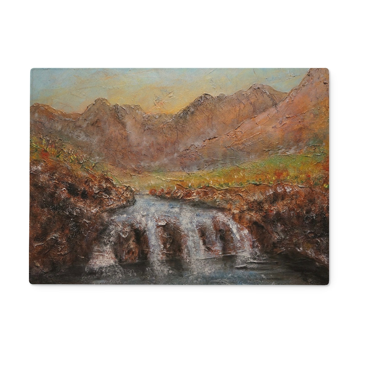 Fairy Pools Dawn Skye Art Gifts Glass Chopping Board-Glass Chopping Boards-Skye Art Gallery-15"x11" Rectangular-Paintings, Prints, Homeware, Art Gifts From Scotland By Scottish Artist Kevin Hunter