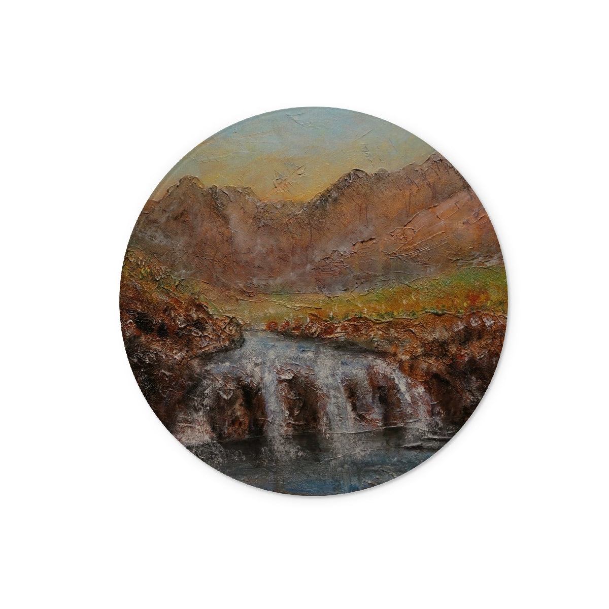 Fairy Pools Dawn Skye Art Gifts Glass Chopping Board-Glass Chopping Boards-Skye Art Gallery-12" Round-Paintings, Prints, Homeware, Art Gifts From Scotland By Scottish Artist Kevin Hunter