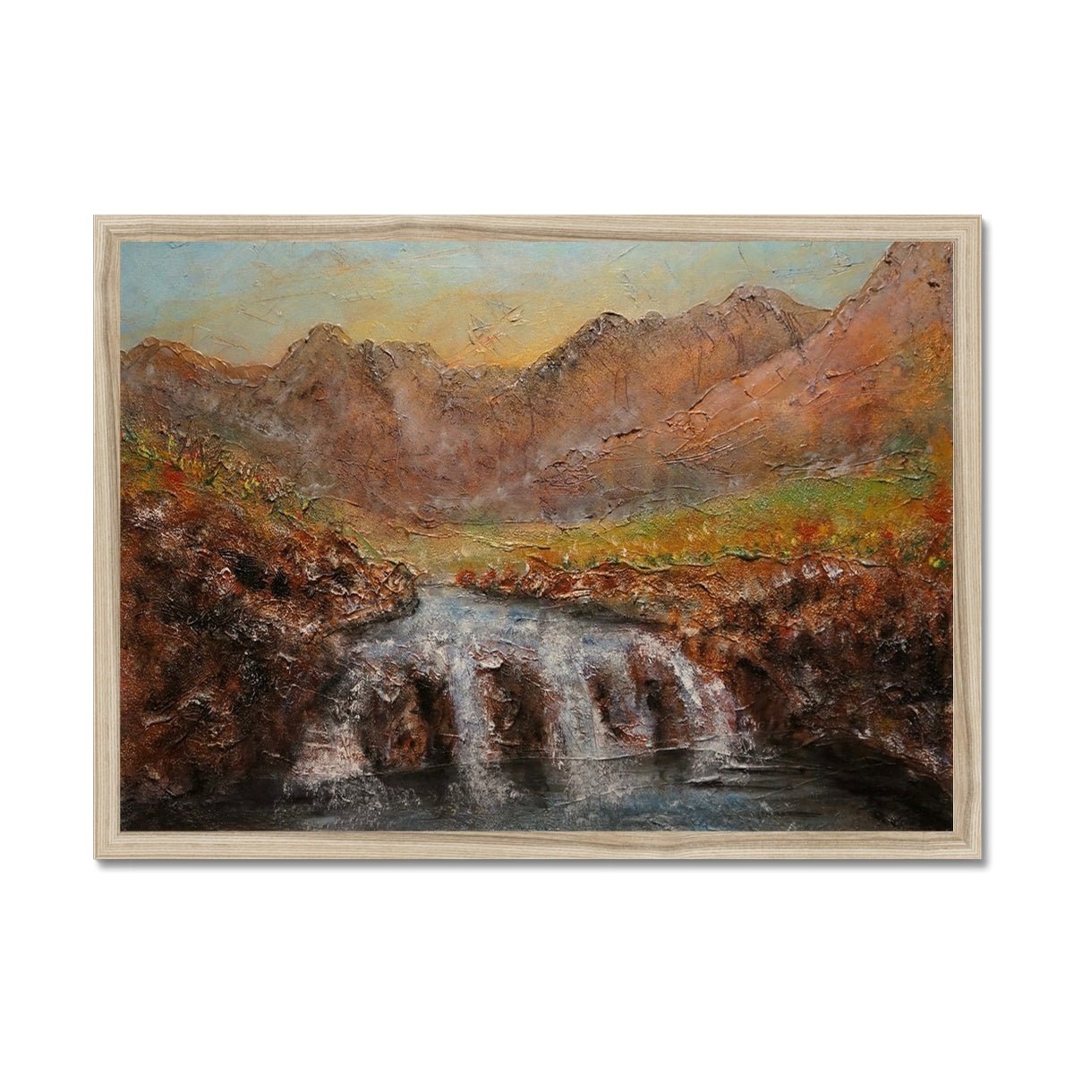 Fairy Pools Dawn Skye Painting | Framed Prints From Scotland-Framed Prints-Skye Art Gallery-A2 Landscape-Natural Frame-Paintings, Prints, Homeware, Art Gifts From Scotland By Scottish Artist Kevin Hunter