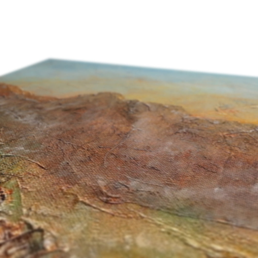 Brown textured stone rectangular coaster with green yellow accents, Fairy Pools Skye Dawn