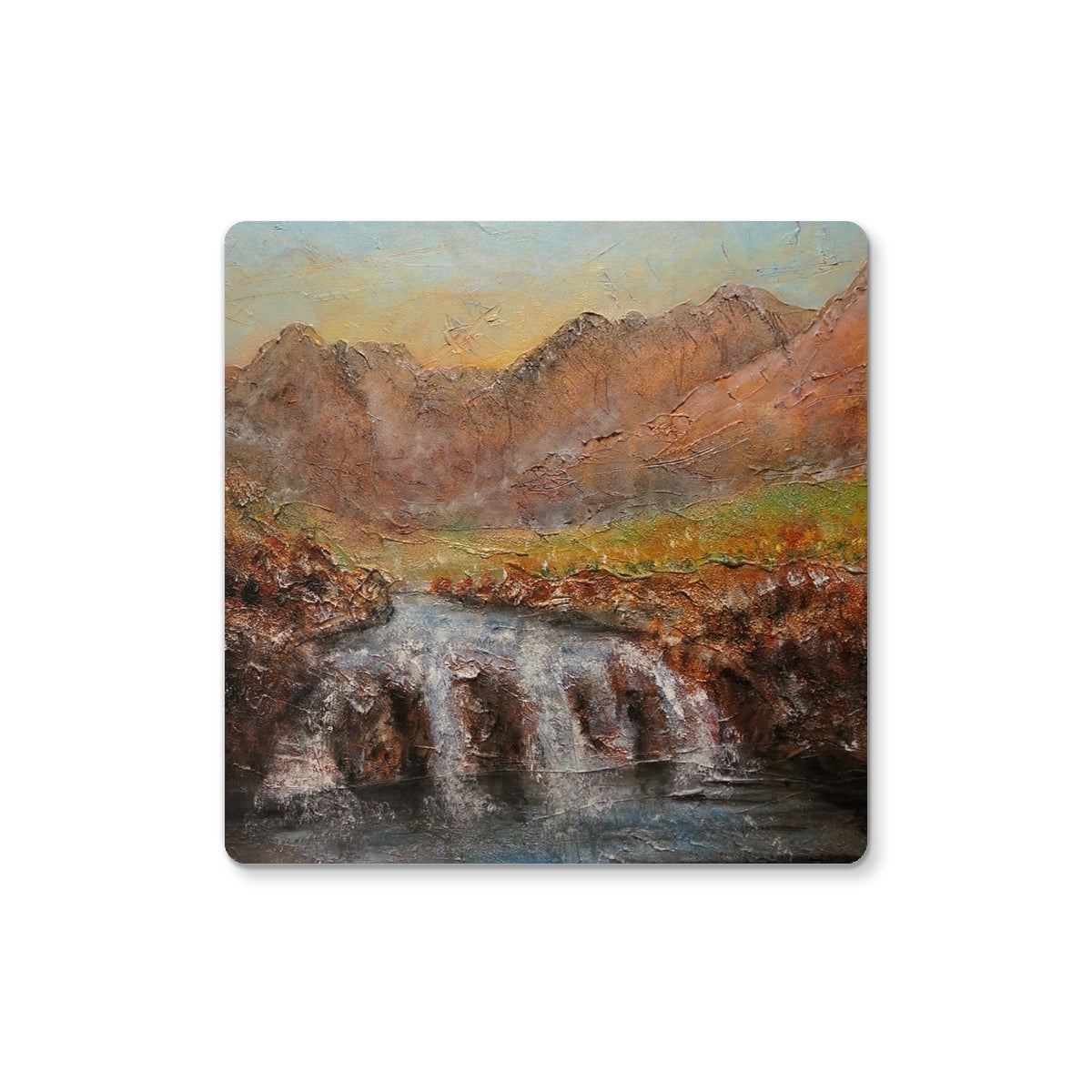 Fairy Pools Skye Dawn coaster with waterfalls puzzle piece and mountains