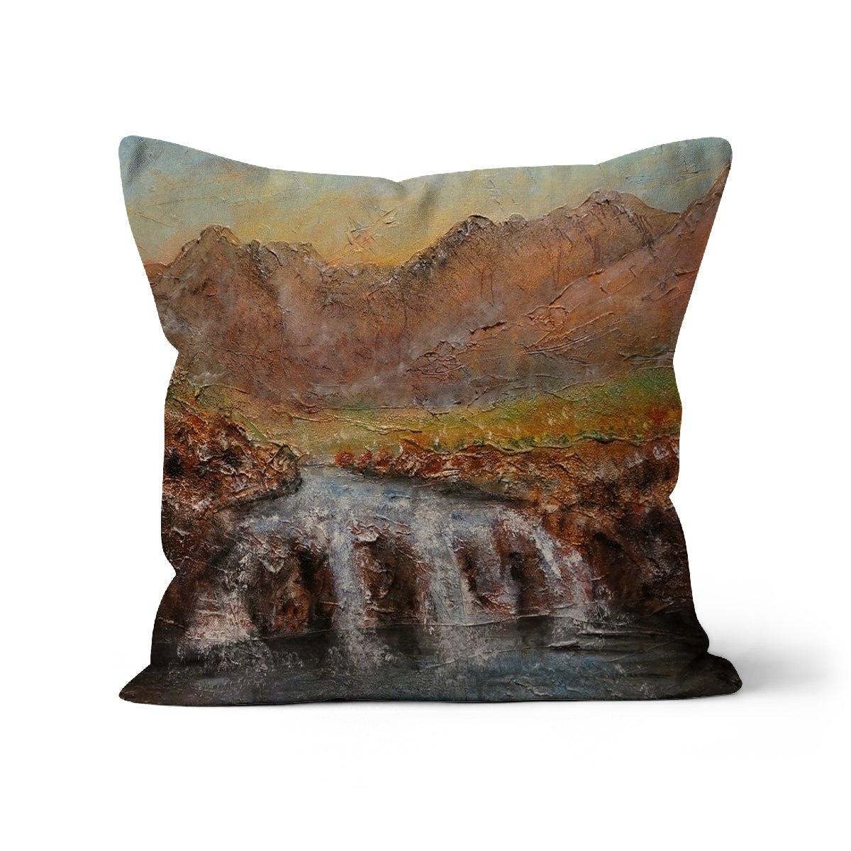 Fairy Pools Skye Dawn 18x18 inch throw pillow with desert mountains and waterfalls