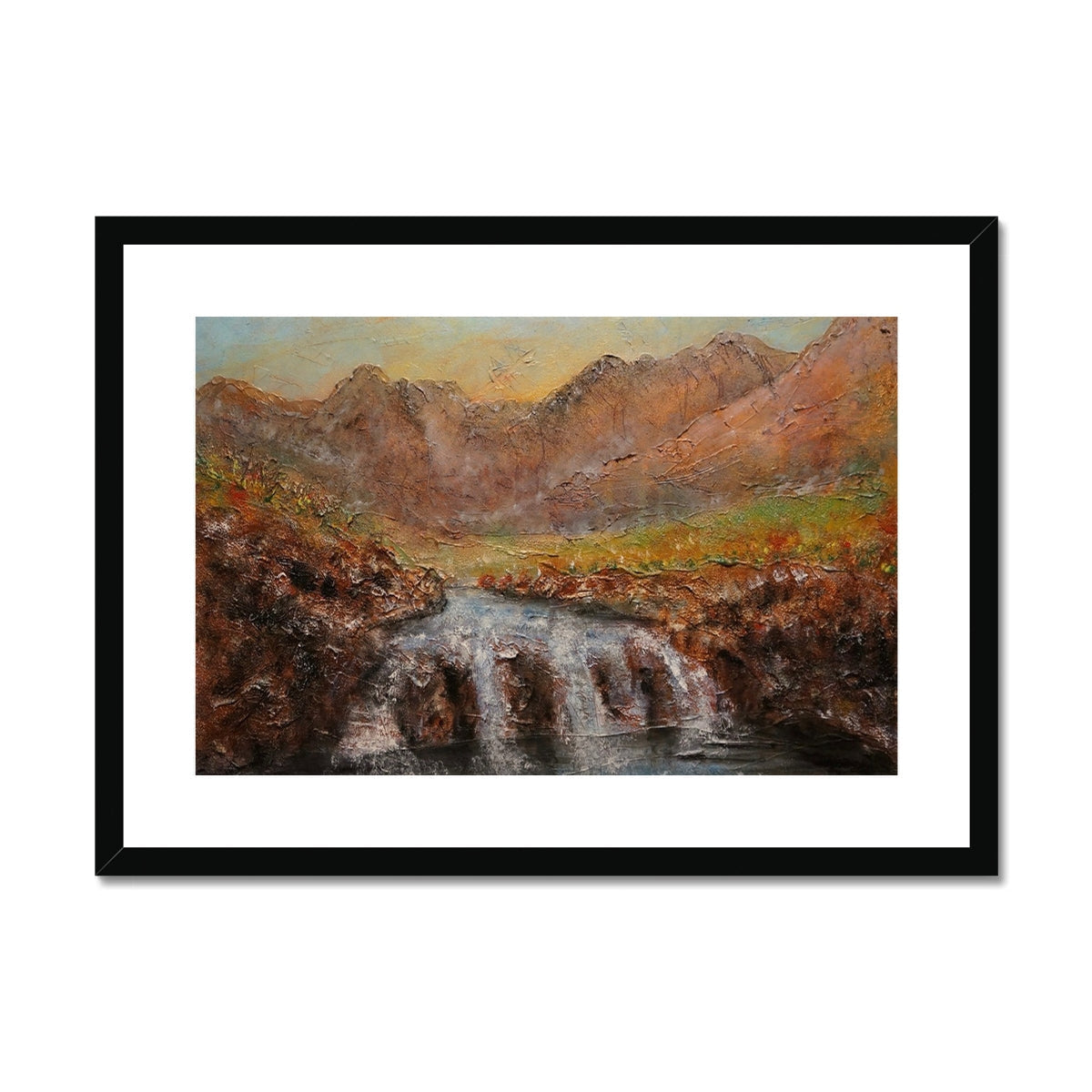 Fairy Pools Skye Dawn: Black framed waterfall painting with autumn foliage and mountains