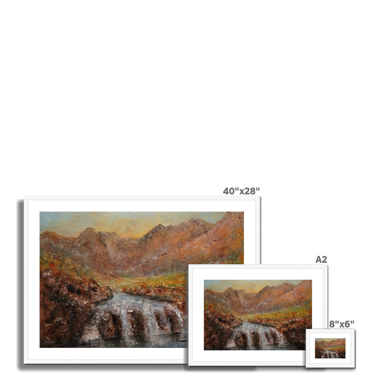 40x28 inch framed Fairy Pools Skye Dawn landscape painting with waterfall and mountains in earthy brown, green, orange tones