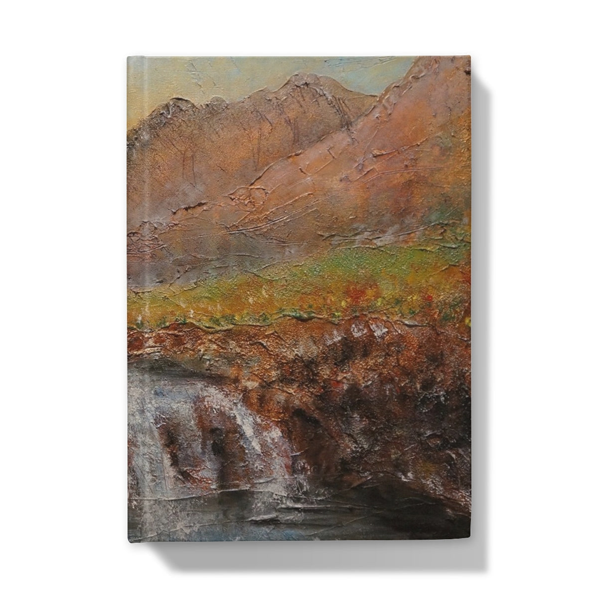 Textured canvas mountain landscape in muted earth tones on Fairy Pools Skye Dawn journal