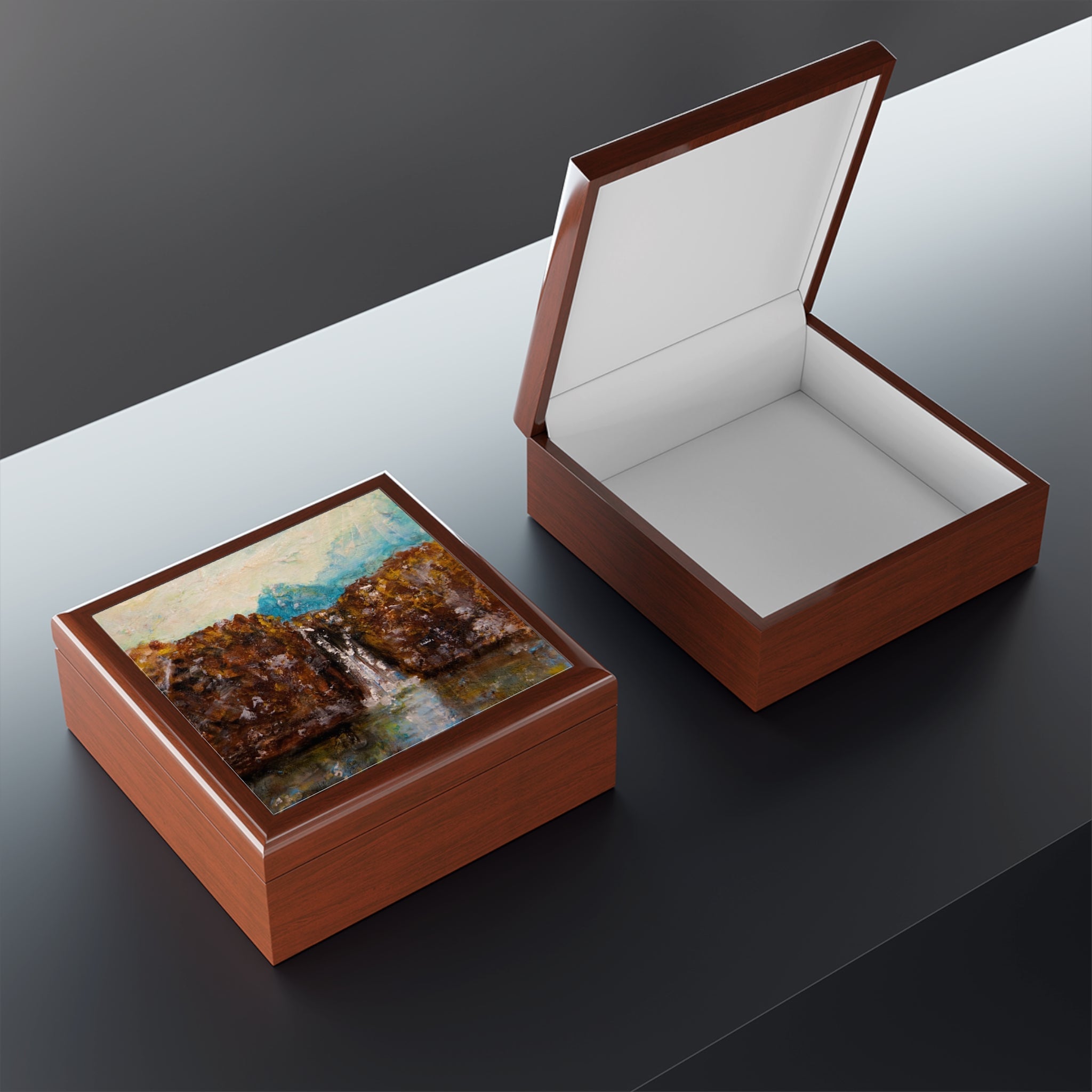 Elegant brown keepsake jewelry boxes featuring a landscape painting and white interior