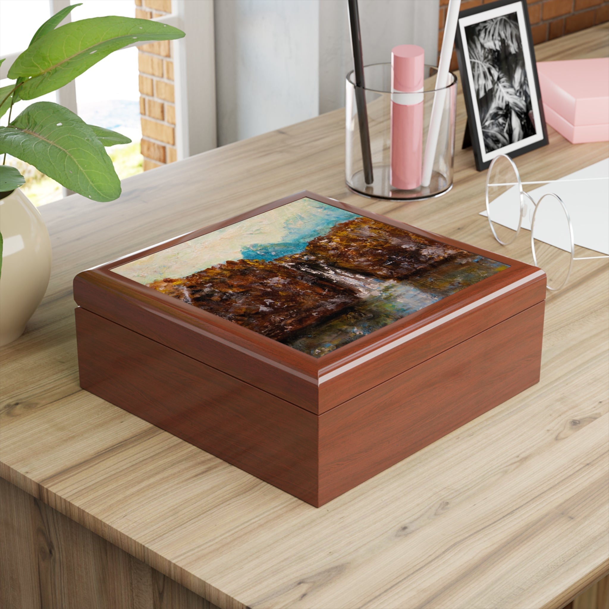Wooden Jewellery Box with Vibrant Textured Painting on Lid Inspired by The Fairy Pools Skye Scotland