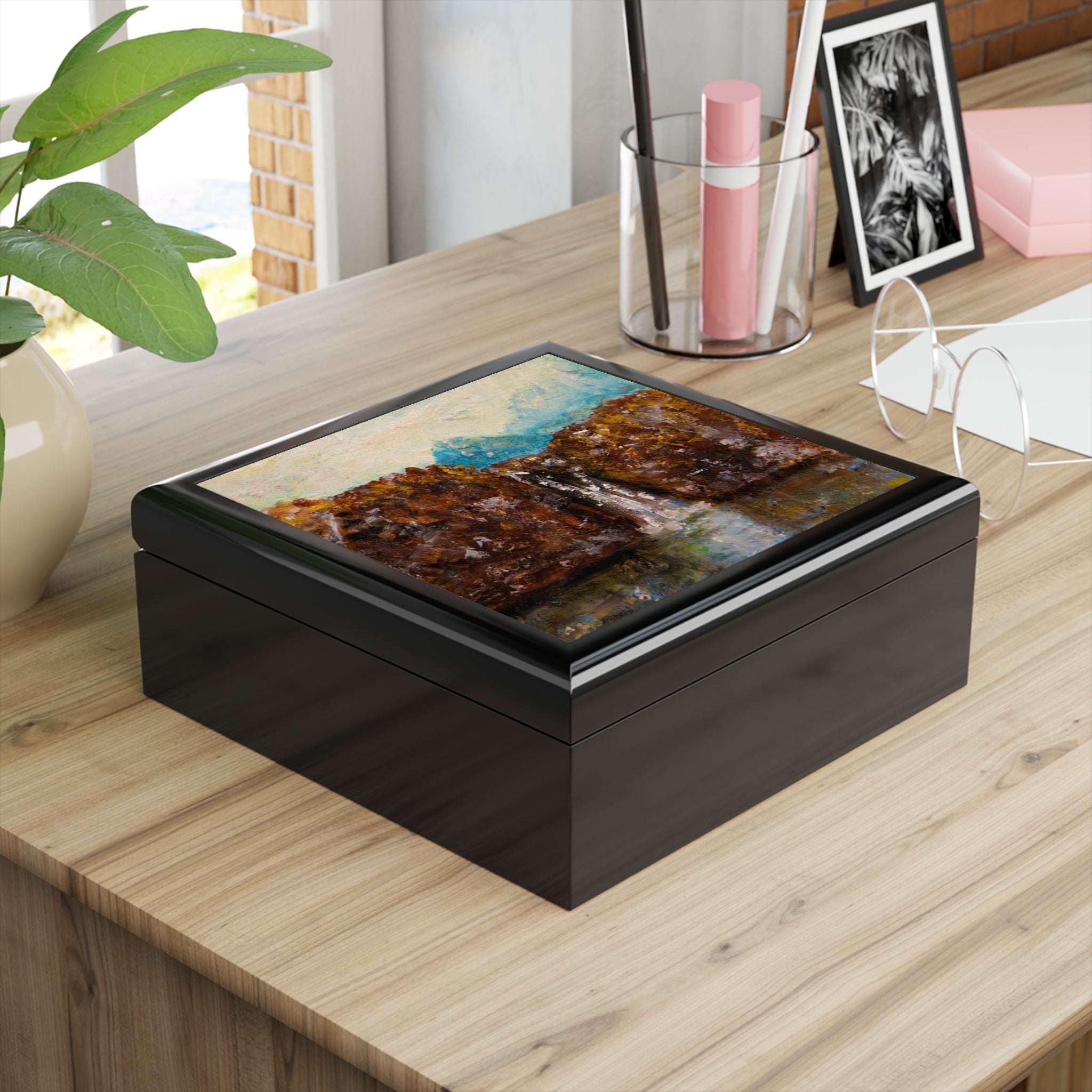 Black wooden keepsake box with vibrant abstract art print lid for The Fairy Pools Skye jewelry storage