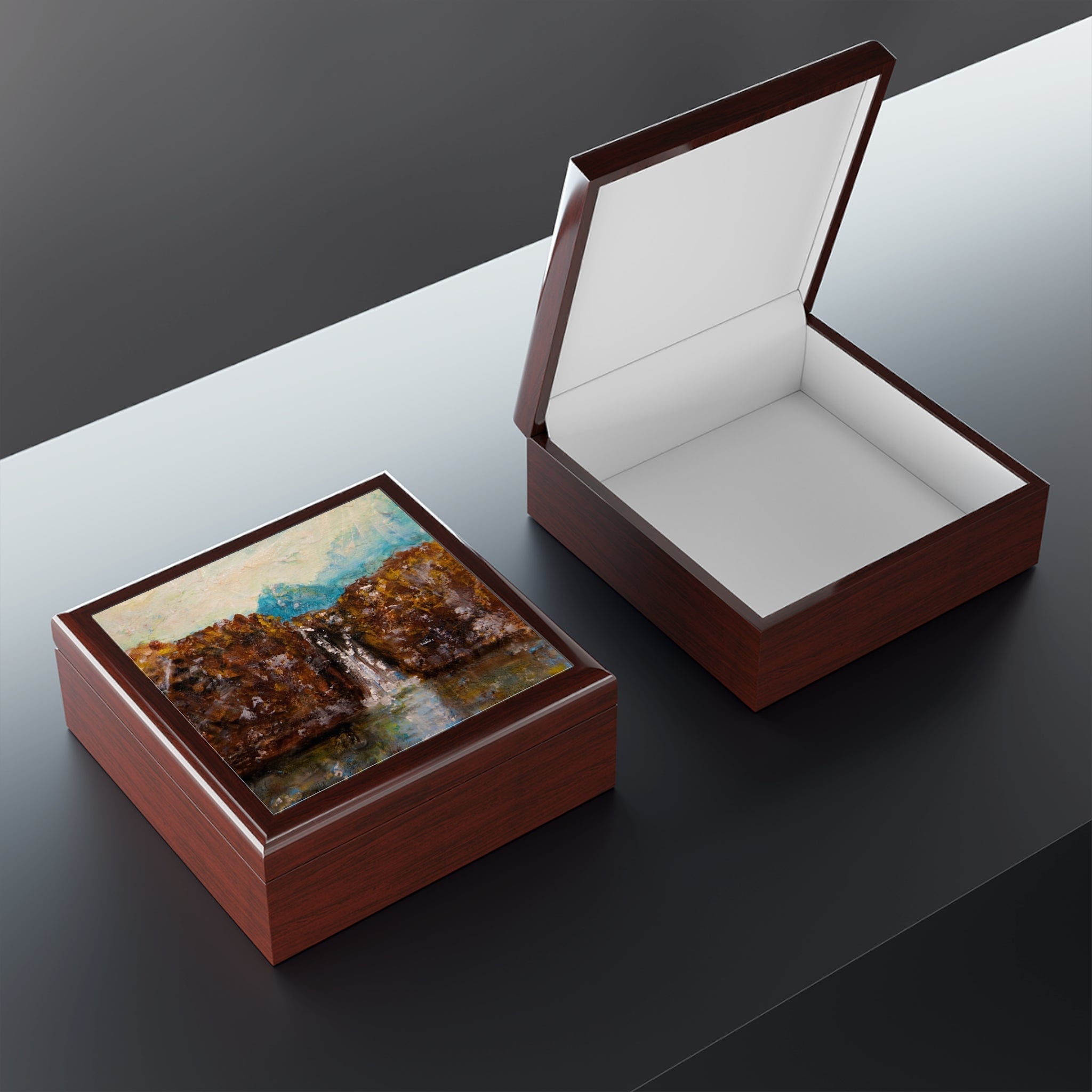Mahogany keepsake boxes Scotland with landscape painting and white interior lining