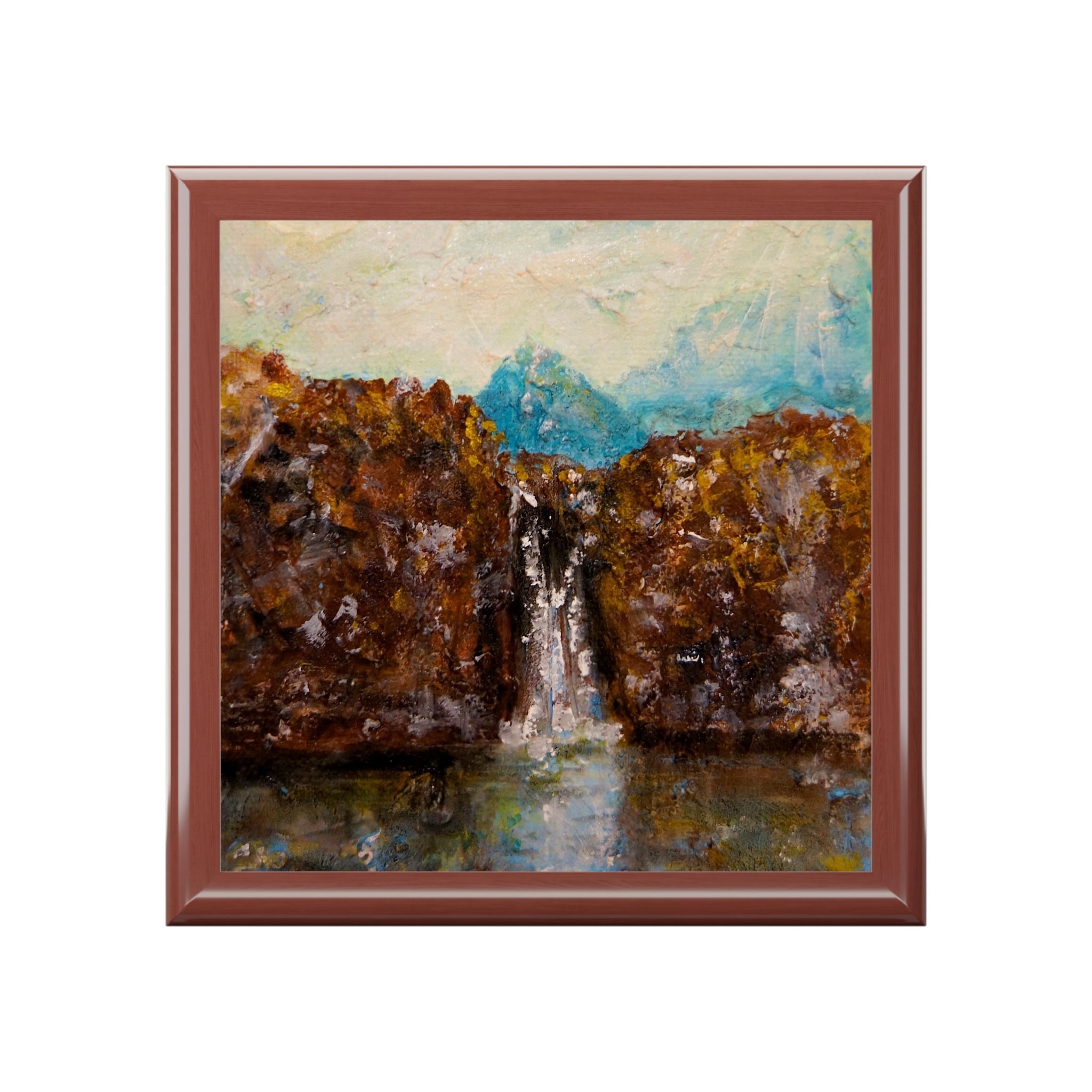 Framed textured oil painting of Fairy Pools Skye with waterfall and blue mountains