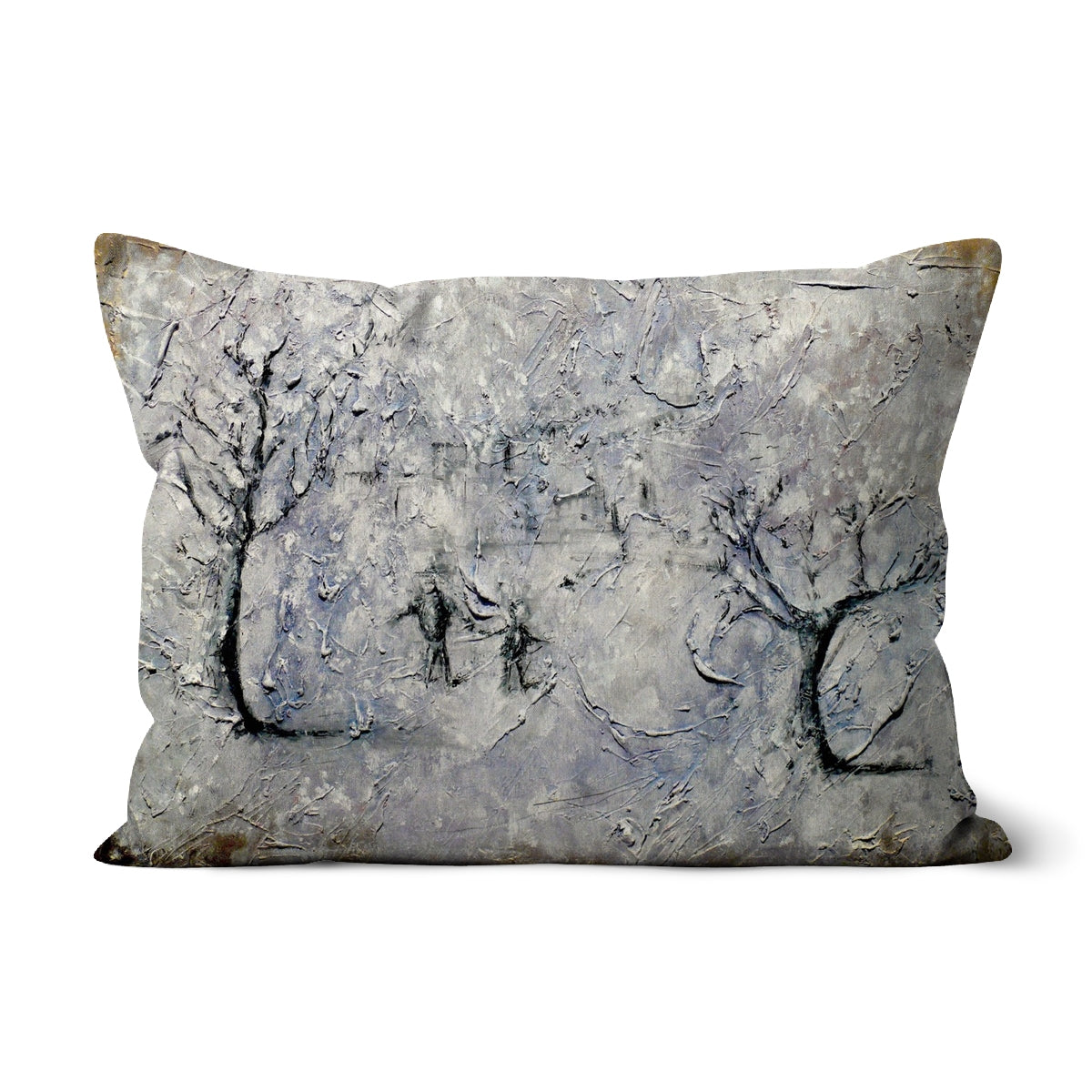 Father Daughter Snow Art Gifts Cushion-Cushions-Abstract & Impressionistic Art Gallery-Linen-19"x13"-Paintings, Prints, Homeware, Art Gifts From Scotland By Scottish Artist Kevin Hunter