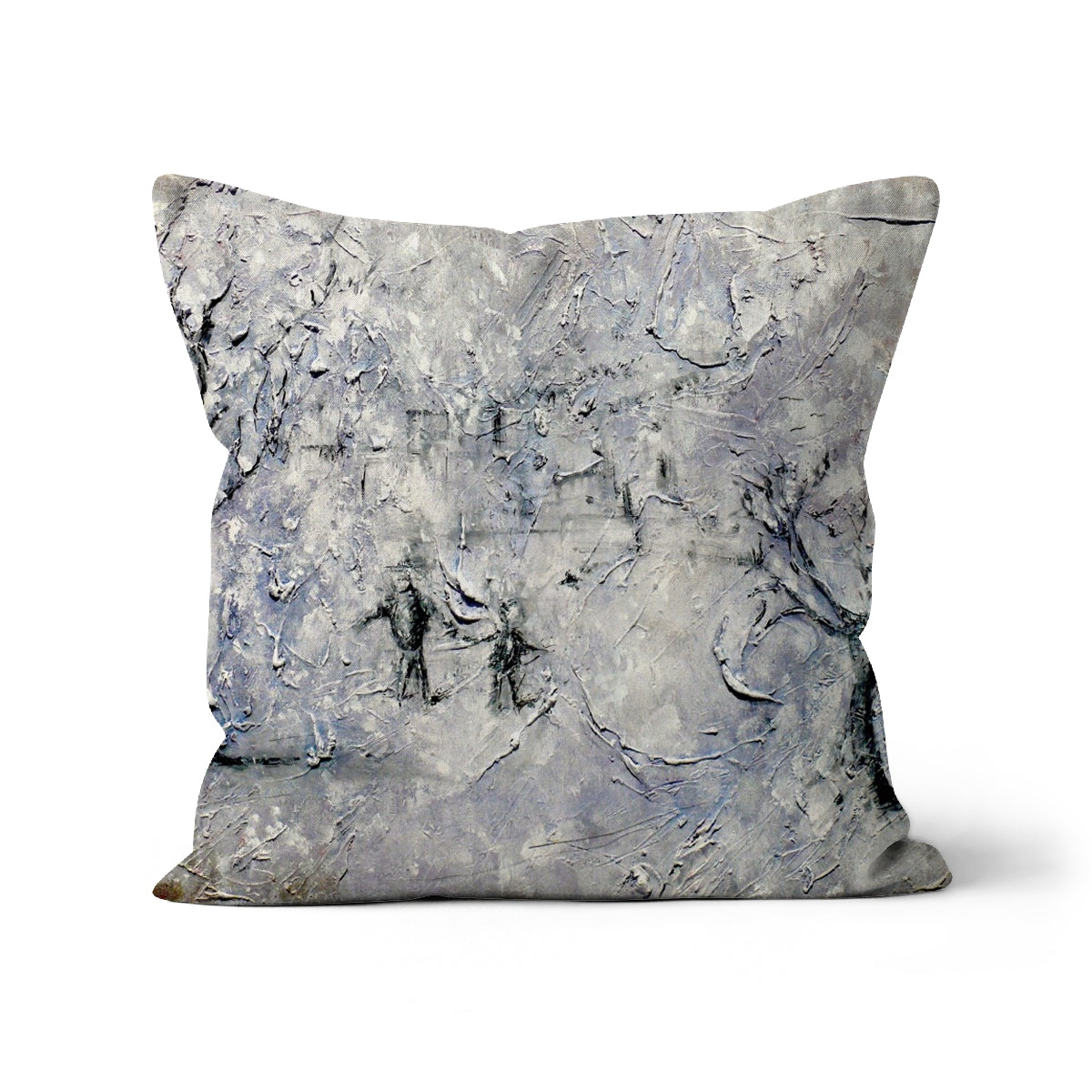 Father Daughter Snow Art Gifts Cushion-Cushions-Abstract & Impressionistic Art Gallery-Linen-22"x22"-Paintings, Prints, Homeware, Art Gifts From Scotland By Scottish Artist Kevin Hunter