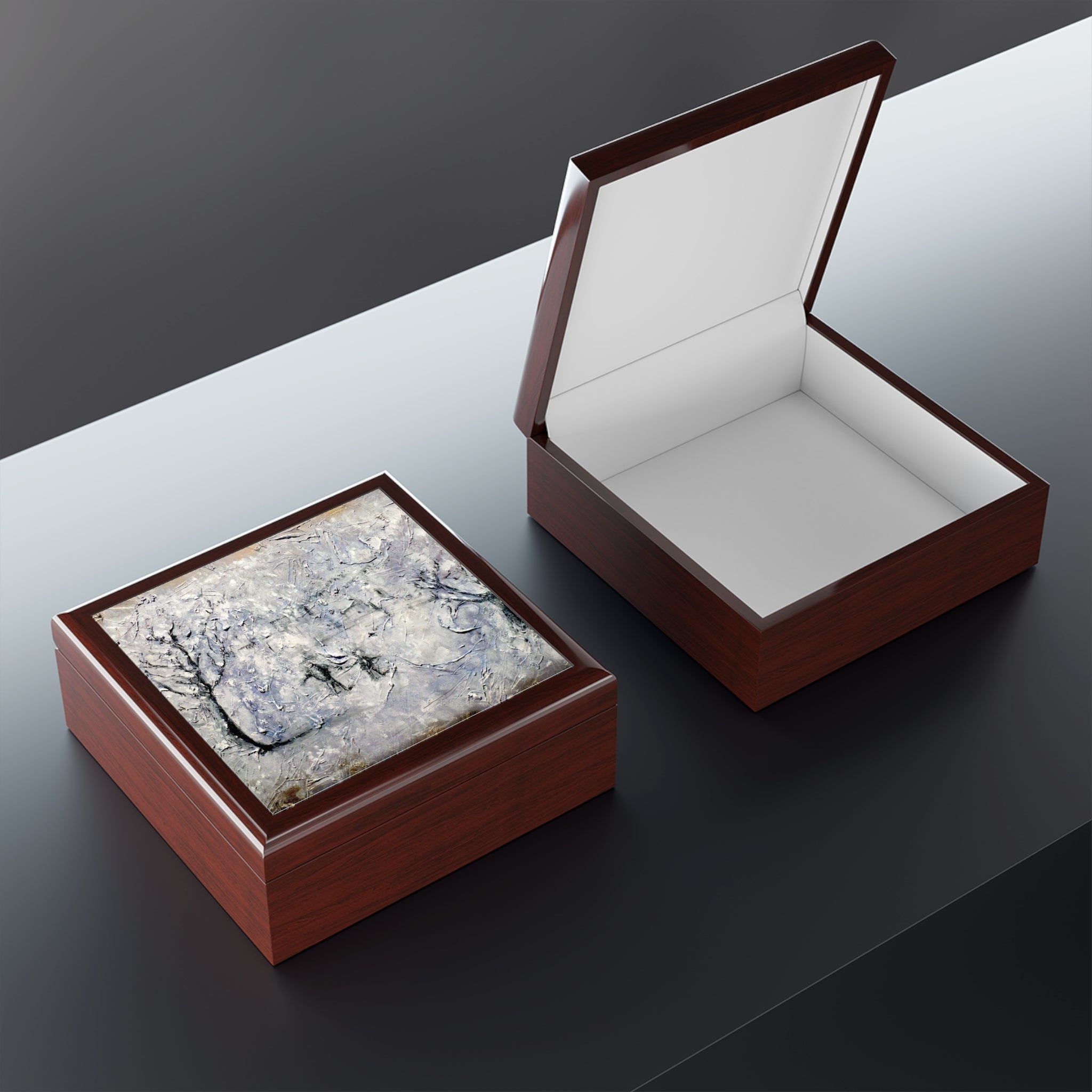 Wooden keepsake boxes with textured abstract art lid and white interior, Scotland