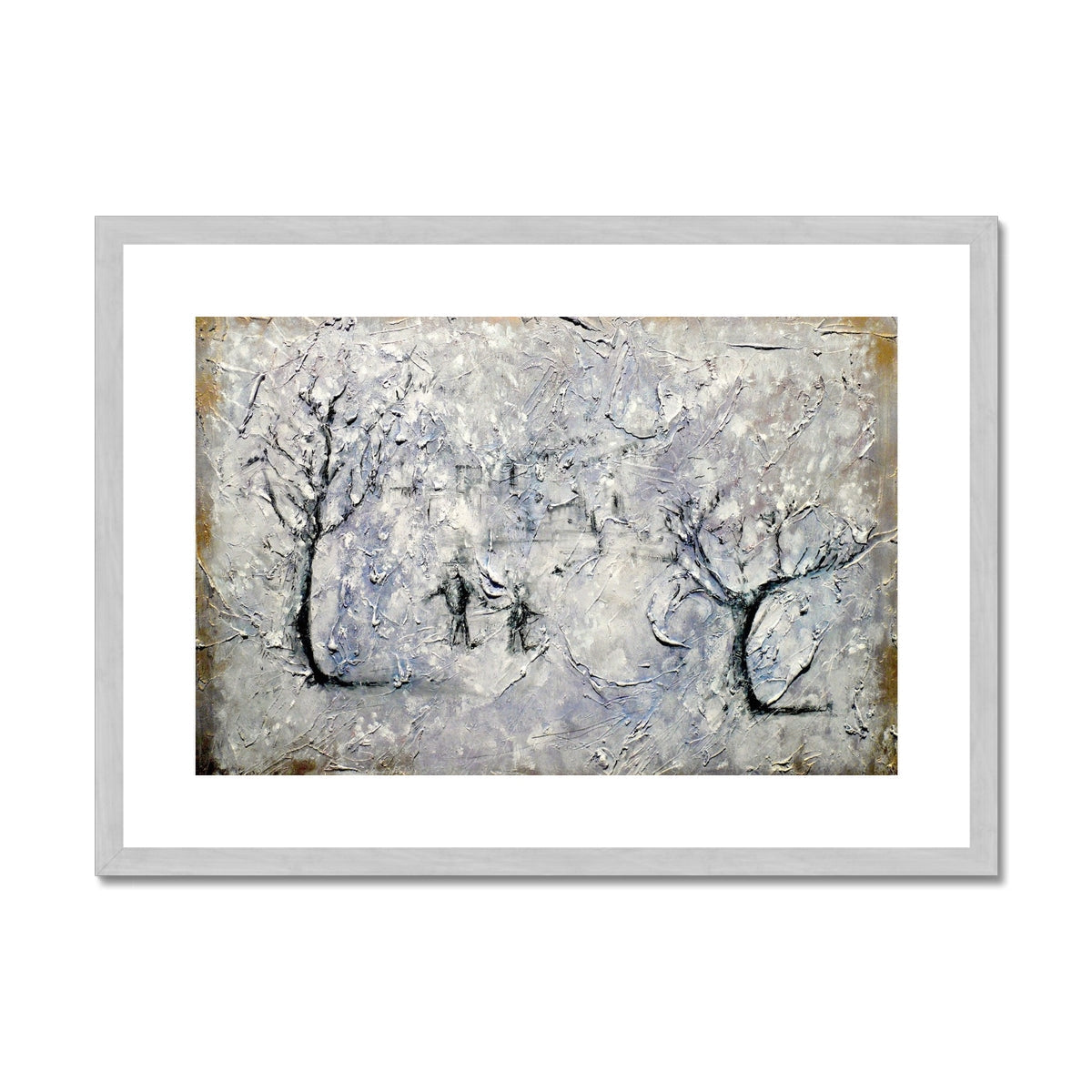 Father Daughter Snow Painting | Antique Framed & Mounted Prints From Scotland-Antique Framed & Mounted Prints-Abstract & Impressionistic Art Gallery-A2 Landscape-Silver Frame-Paintings, Prints, Homeware, Art Gifts From Scotland By Scottish Artist Kevin Hunter