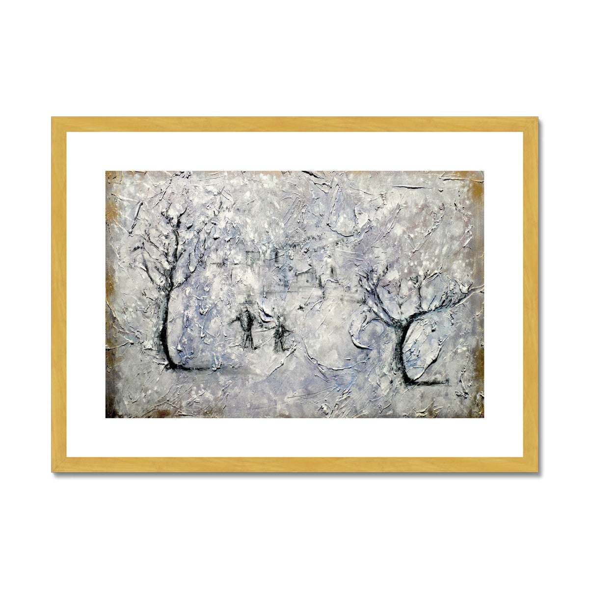 Father Daughter Snow Painting | Antique Framed & Mounted Prints From Scotland-Antique Framed & Mounted Prints-Abstract & Impressionistic Art Gallery-A2 Landscape-Gold Frame-Paintings, Prints, Homeware, Art Gifts From Scotland By Scottish Artist Kevin Hunter