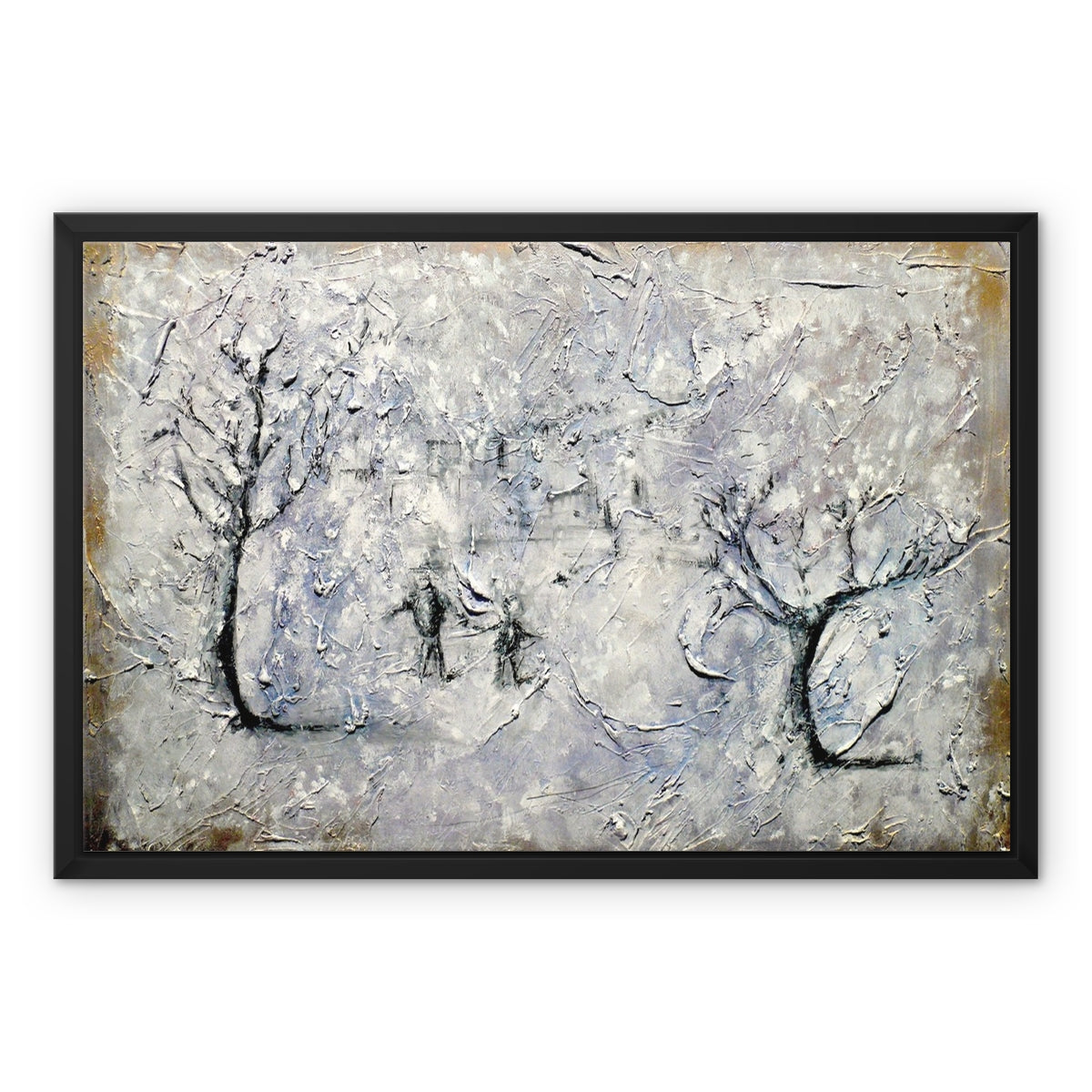 Father Daughter Snow Painting | Framed Canvas From Scotland-Floating Framed Canvas Prints-Abstract & Impressionistic Art Gallery-24"x18"-Paintings, Prints, Homeware, Art Gifts From Scotland By Scottish Artist Kevin Hunter