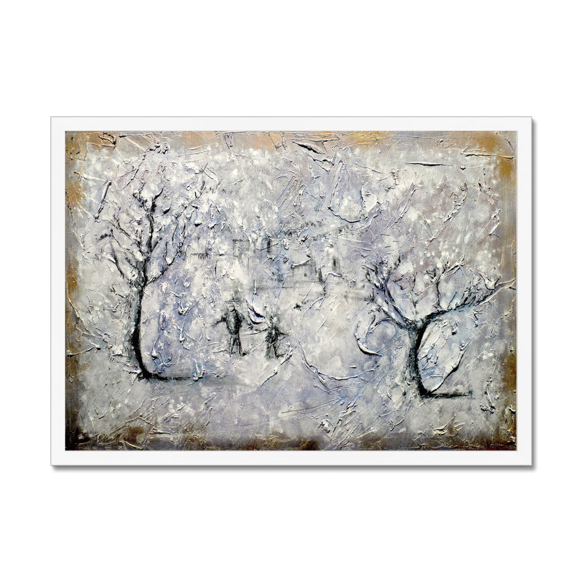 Father Daughter Snow Painting | Framed Prints From Scotland-Framed Prints-Abstract & Impressionistic Art Gallery-A2 Landscape-White Frame-Paintings, Prints, Homeware, Art Gifts From Scotland By Scottish Artist Kevin Hunter