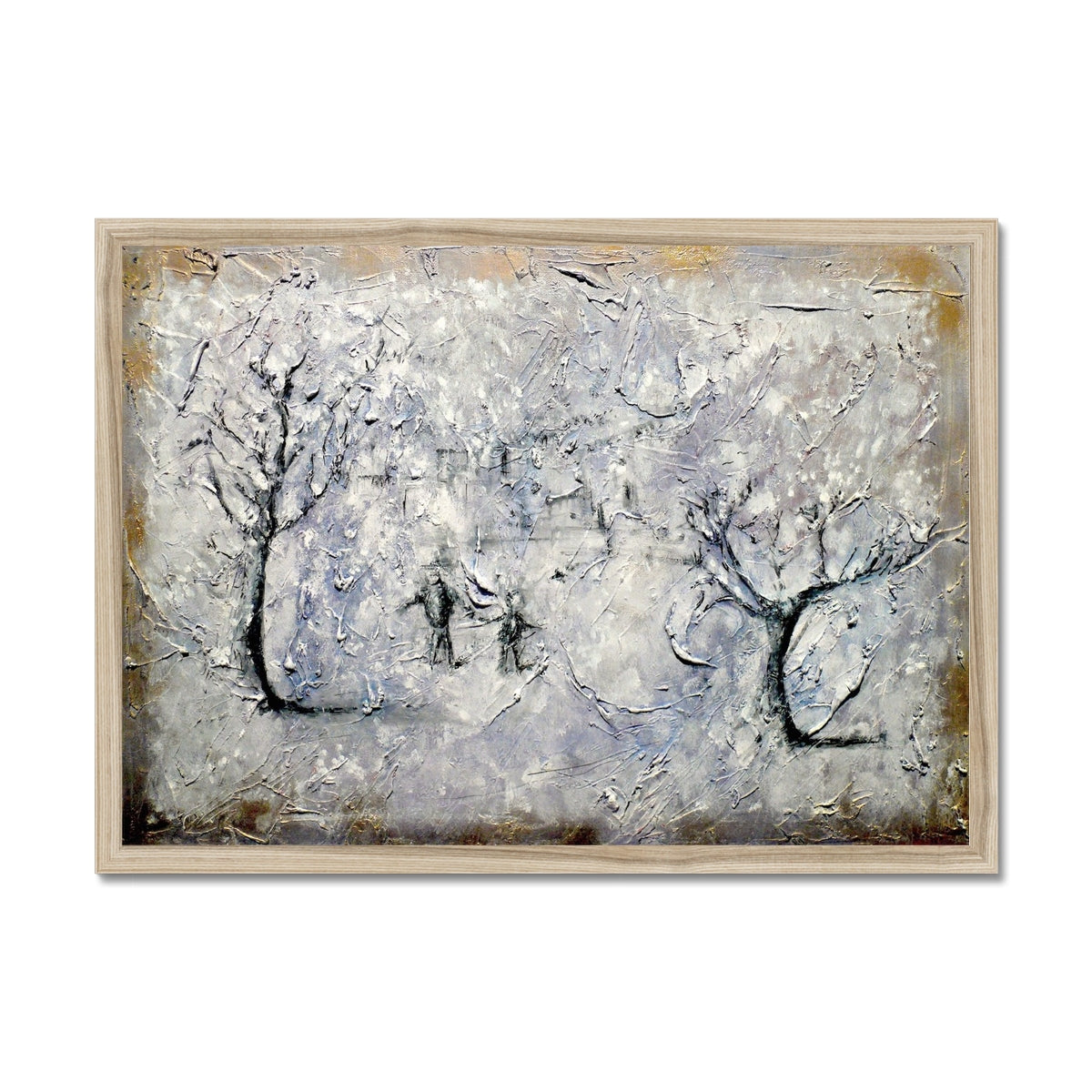 Father Daughter Snow Painting | Framed Prints From Scotland-Framed Prints-Abstract & Impressionistic Art Gallery-A2 Landscape-Natural Frame-Paintings, Prints, Homeware, Art Gifts From Scotland By Scottish Artist Kevin Hunter