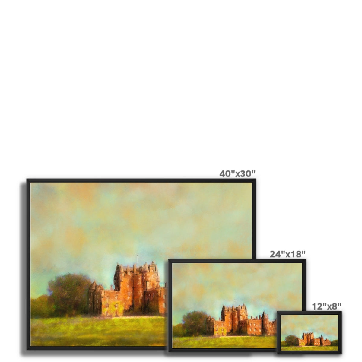 Glamis Castle Painting | Framed Canvas From Scotland-Floating Framed Canvas Prints-Historic & Iconic Scotland Art Gallery-Paintings, Prints, Homeware, Art Gifts From Scotland By Scottish Artist Kevin Hunter