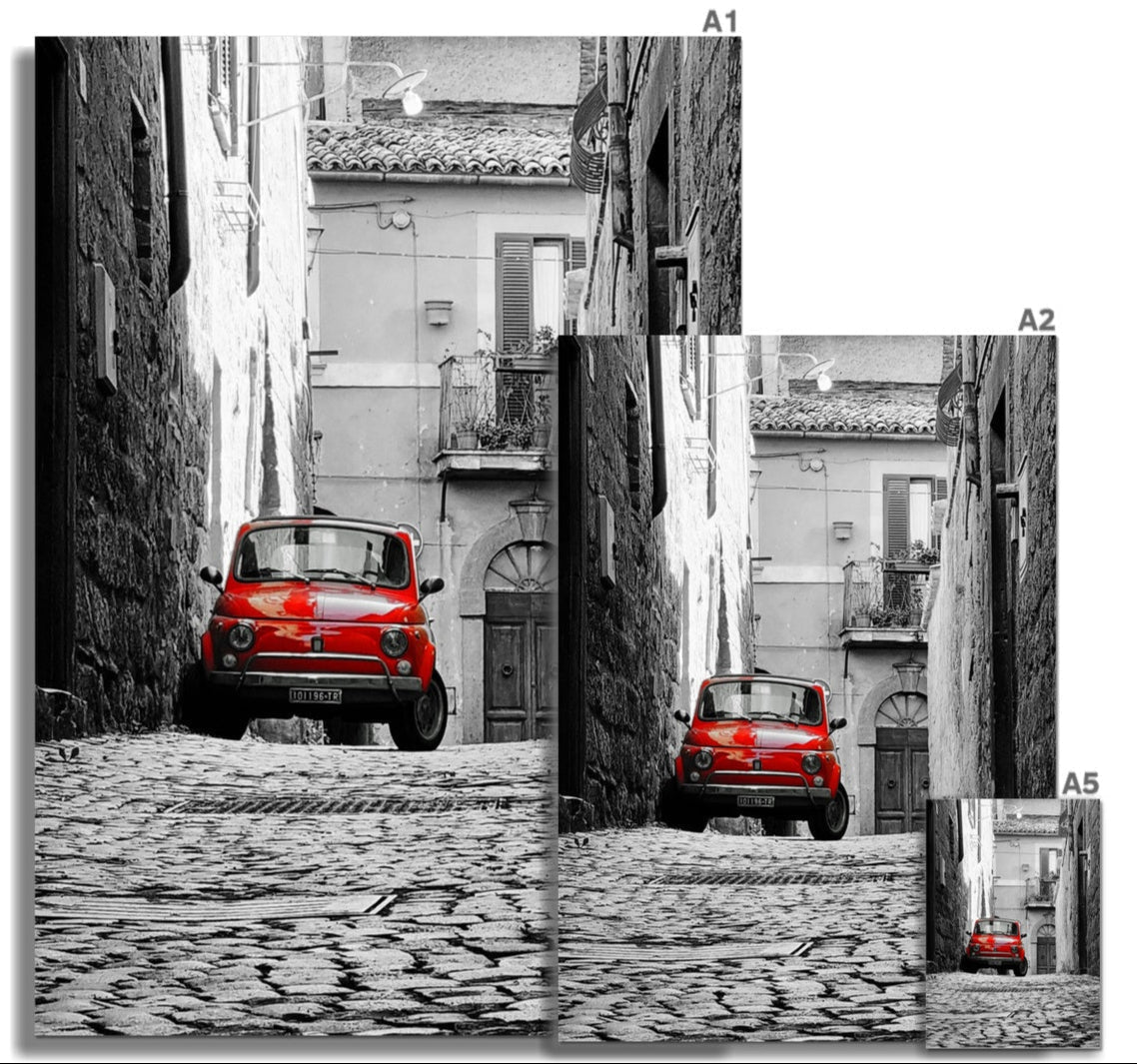 Vibrant red vintage Fiat 500 in Orvieto cobblestone alley fine art print