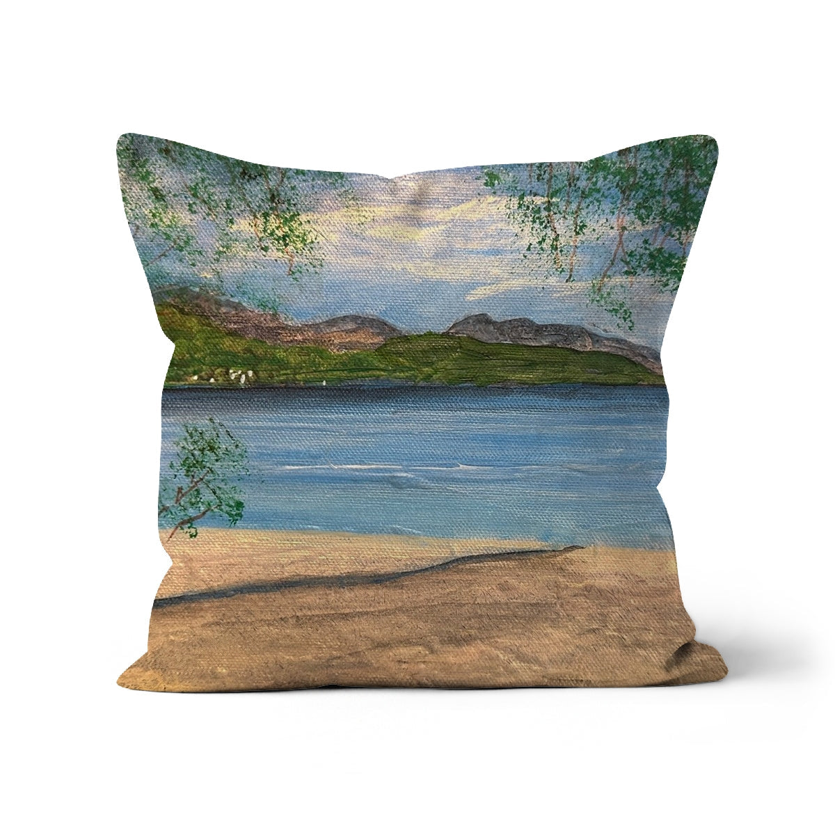 Firkin Point Loch Lomond cushion with brown beige landscape of trees mountains water