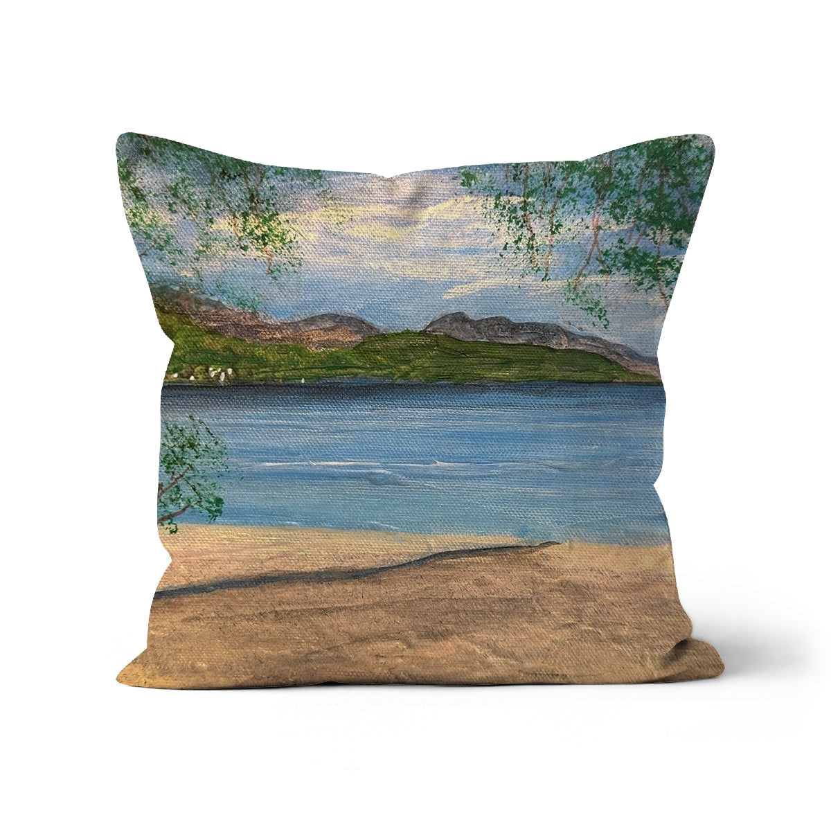 Firkin Point Loch Lomond cushion with serene lake and mountains