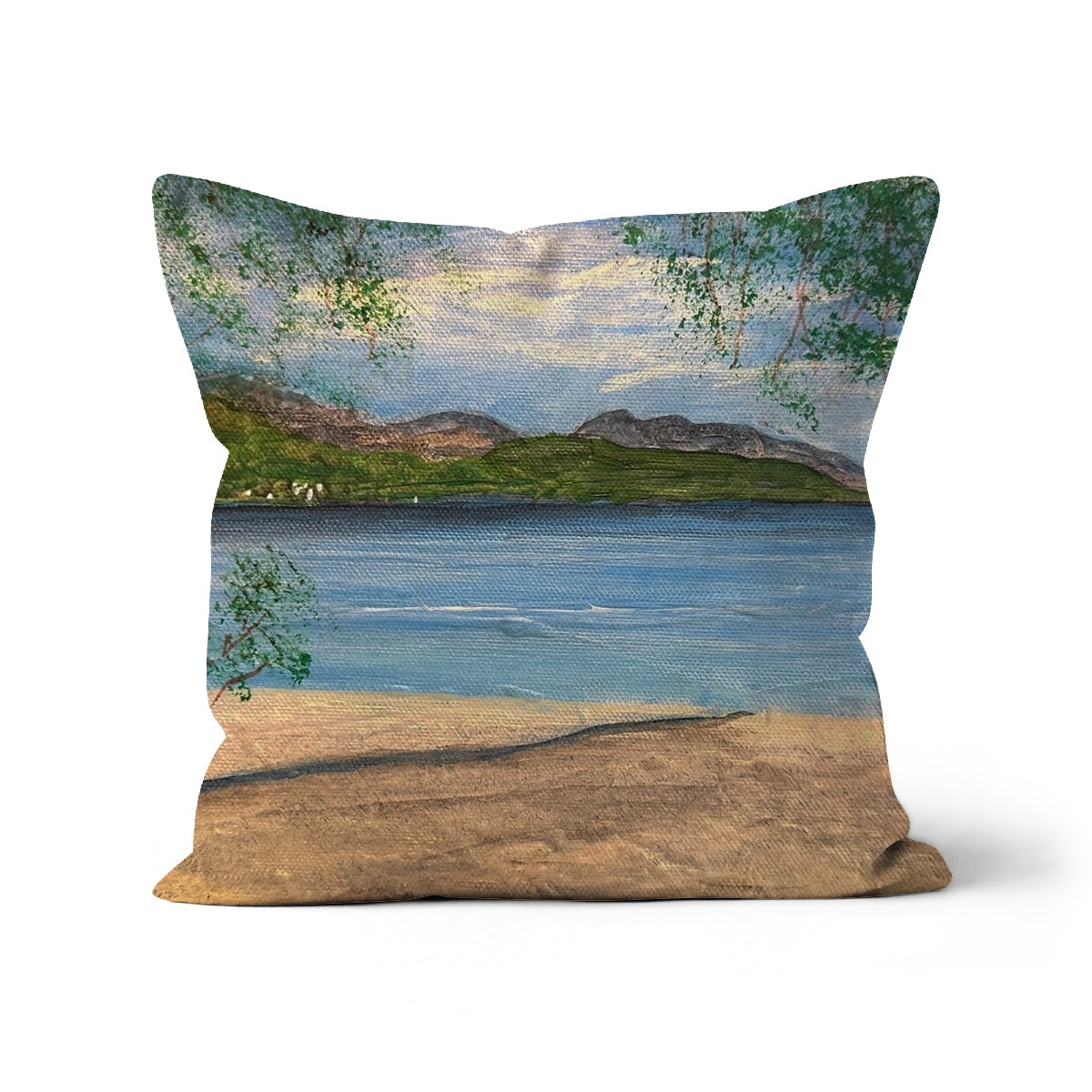 Firkin Point Loch Lomond 18x18 inch canvas cushion with serene lakeside scene