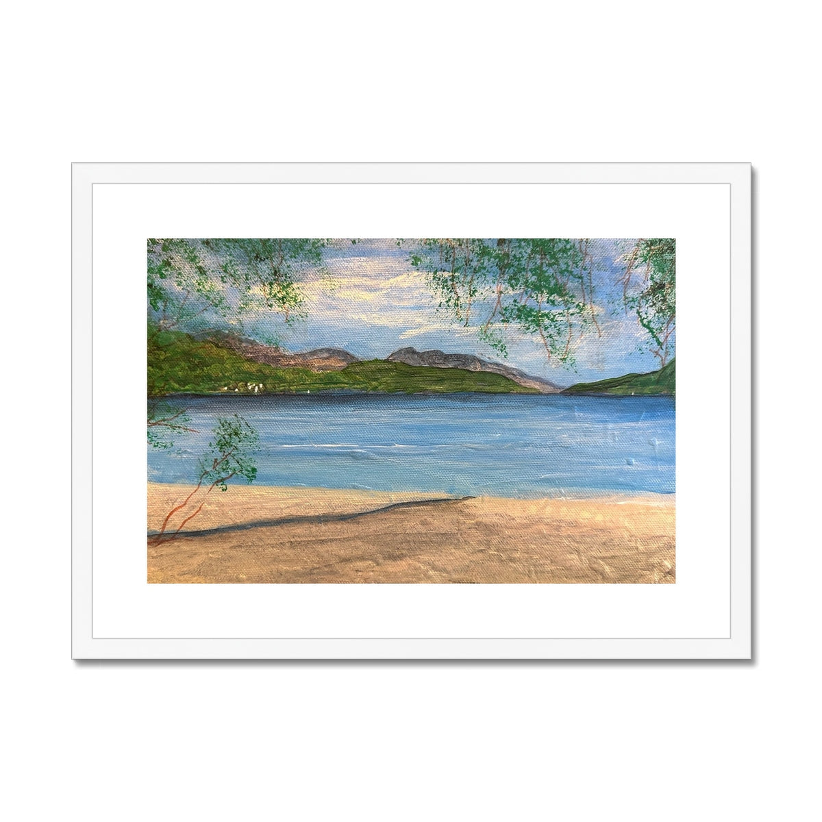 White framed Firkin Point Loch Lomond beach art print