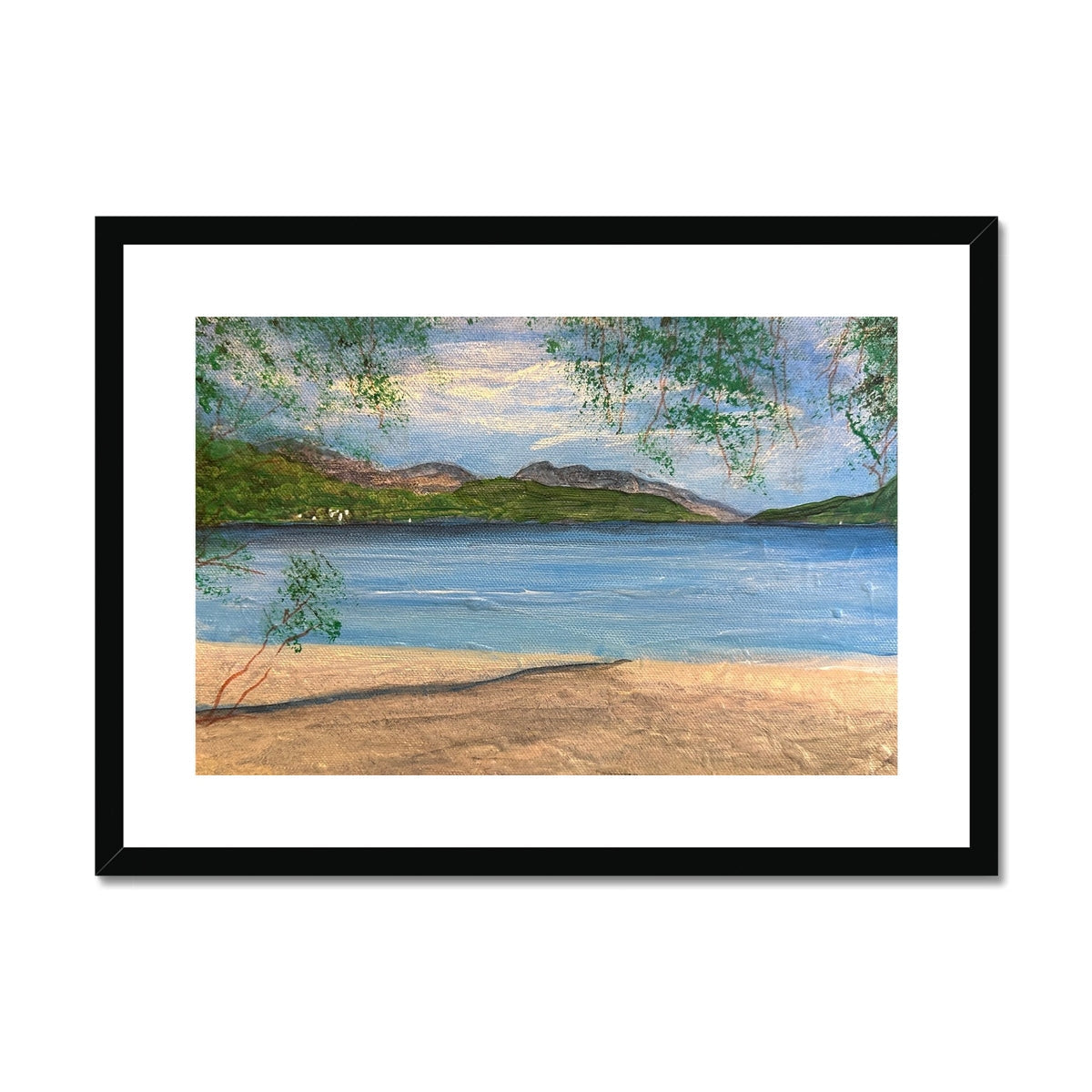 Firkin Point Loch Lomond black framed art print of beach scene