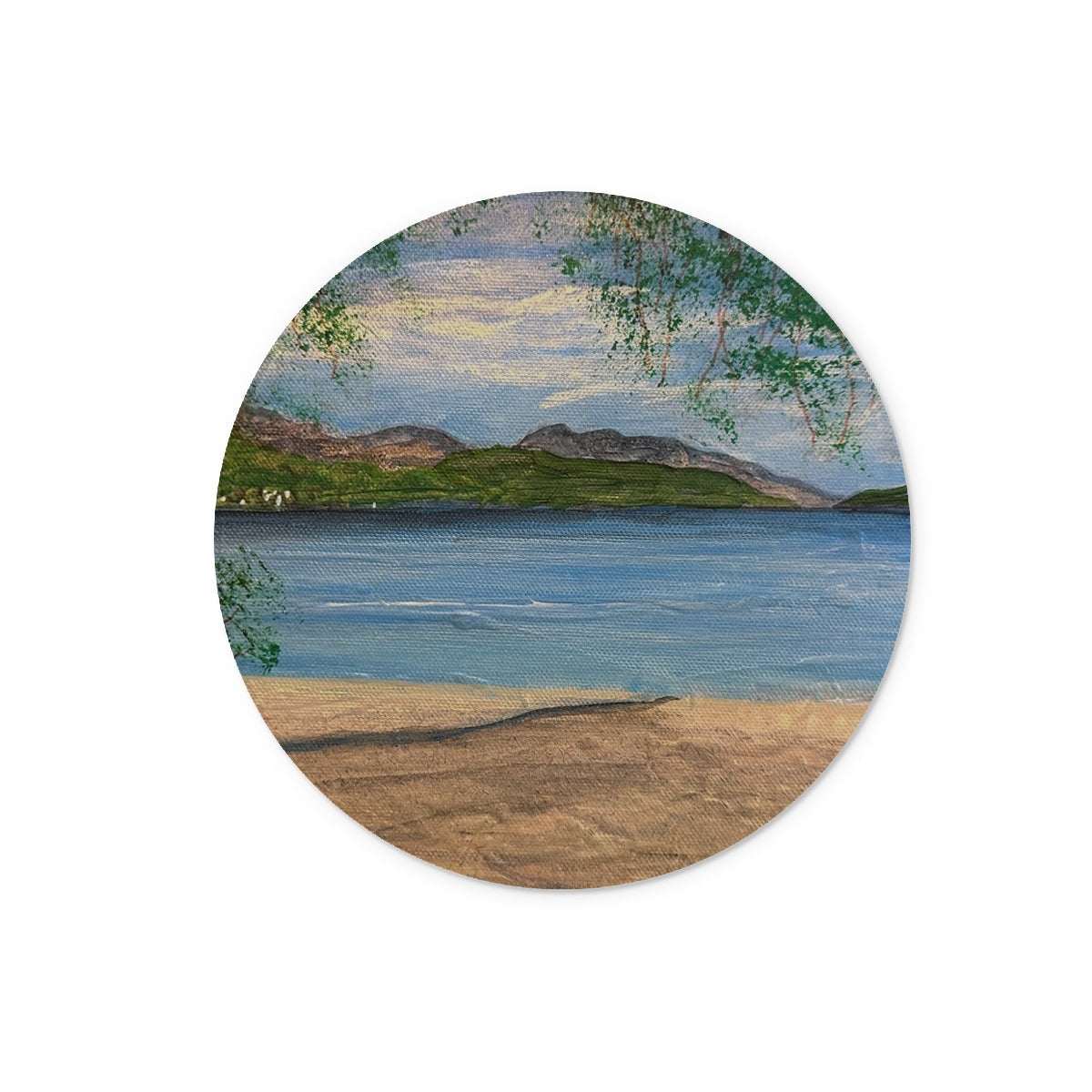 Round wooden coaster with beach scene and Loch Lomond design