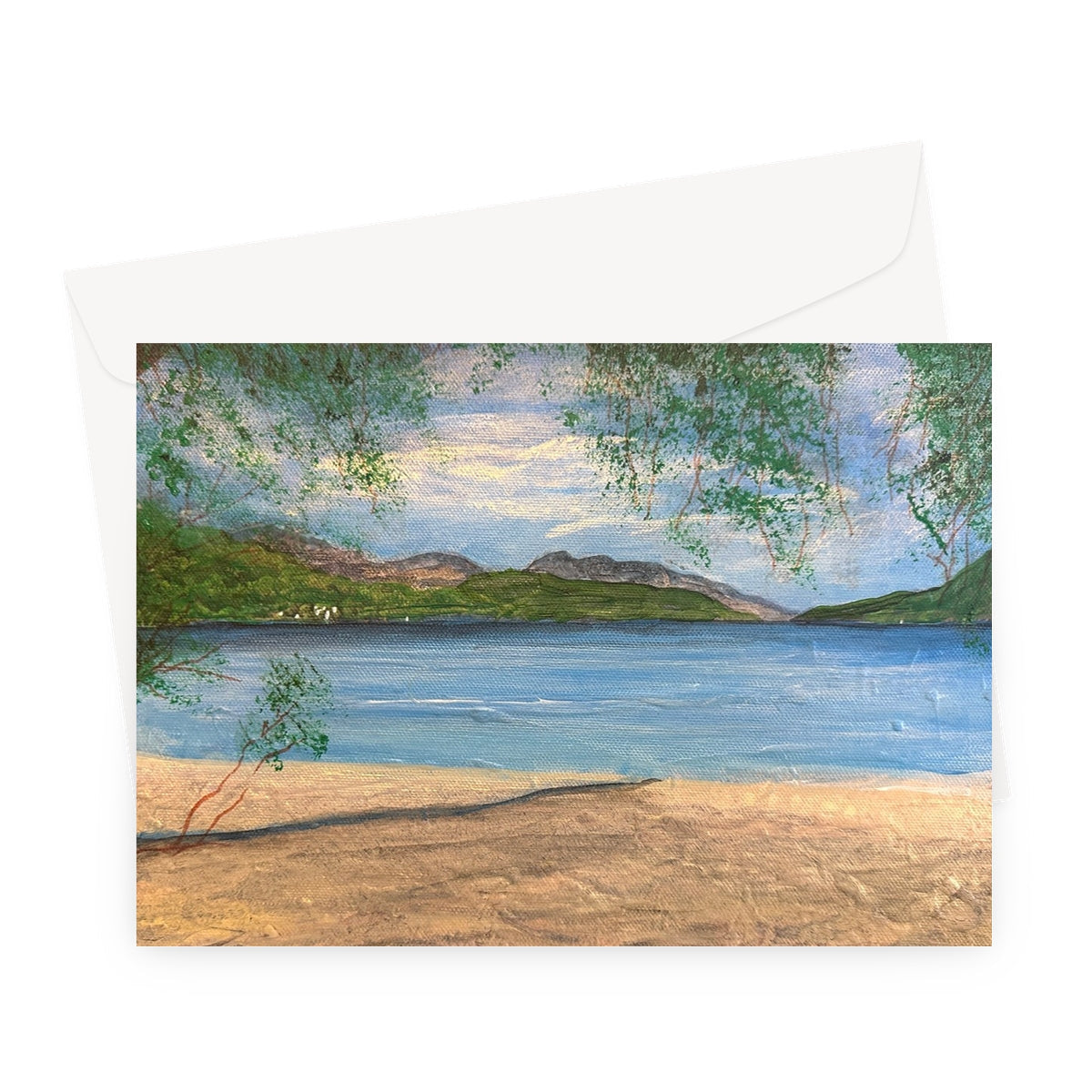 Firkin Point Loch Lomond beach greeting card in pastel colors
