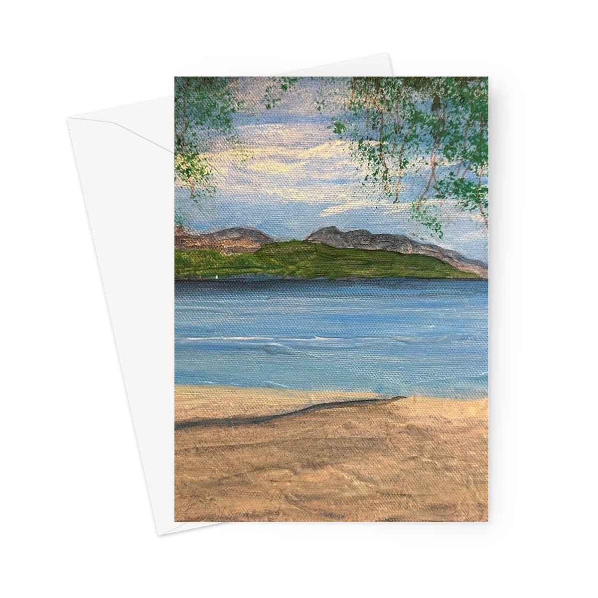 Firkin Point Loch Lomond beach greeting card with sand, water, mountains