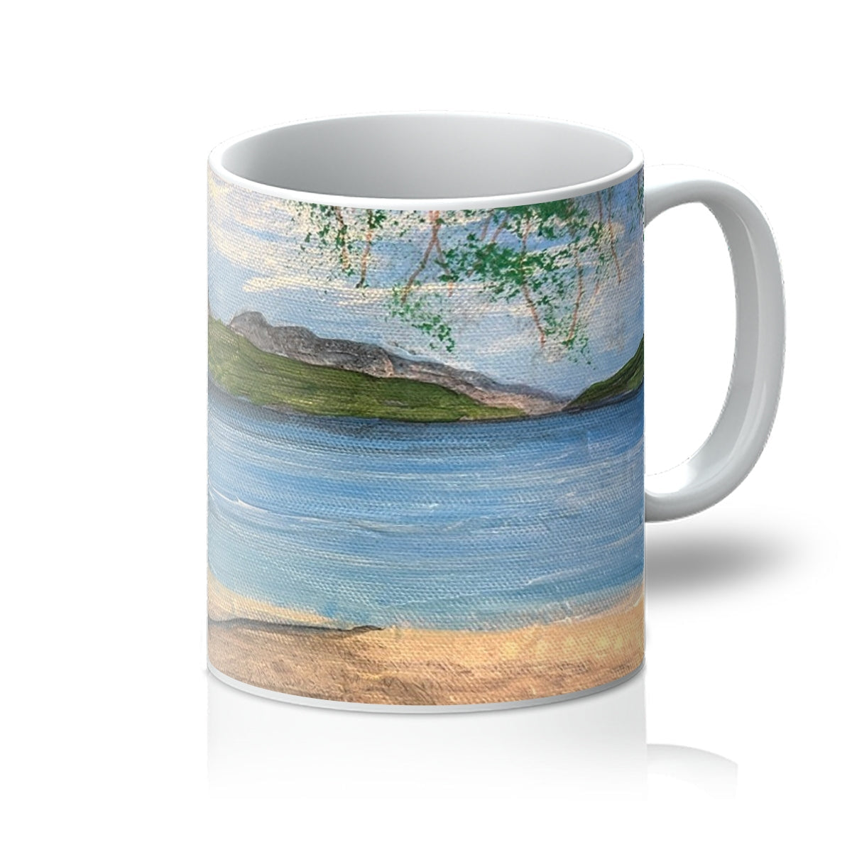 Firkin Point Loch Lomond ceramic mug with scenic blue water, green trees, and mountains
