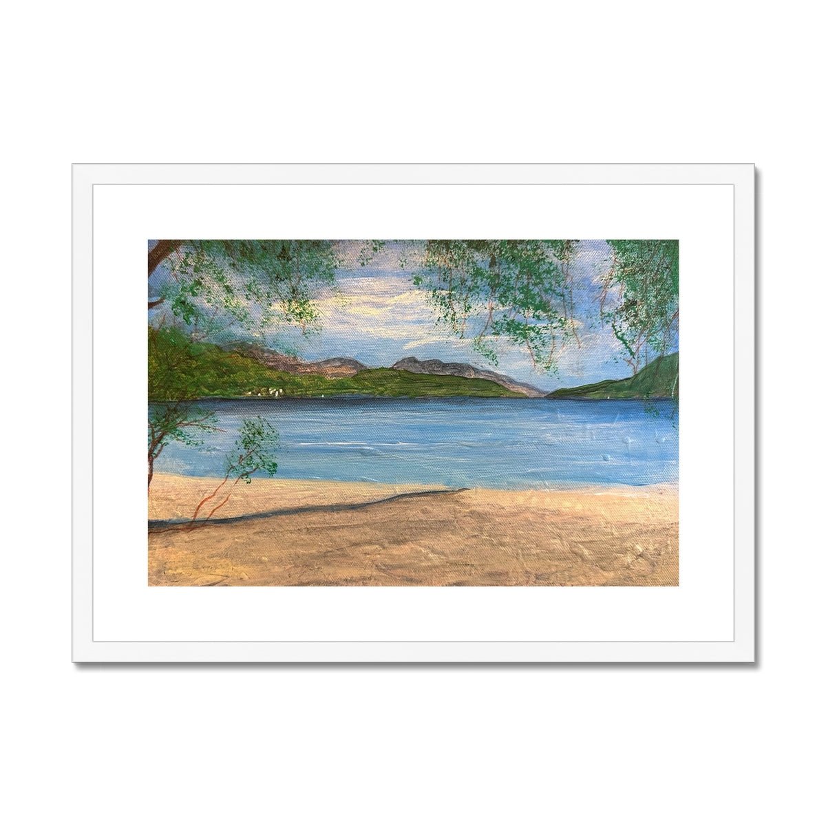Firkin Point Loch Lomond Painting | Framed & Mounted Prints From Scotland-Framed & Mounted Prints-Scottish Lochs & Mountains Art Gallery-A2 Landscape-White Frame-Paintings, Prints, Homeware, Art Gifts From Scotland By Scottish Artist Kevin Hunter