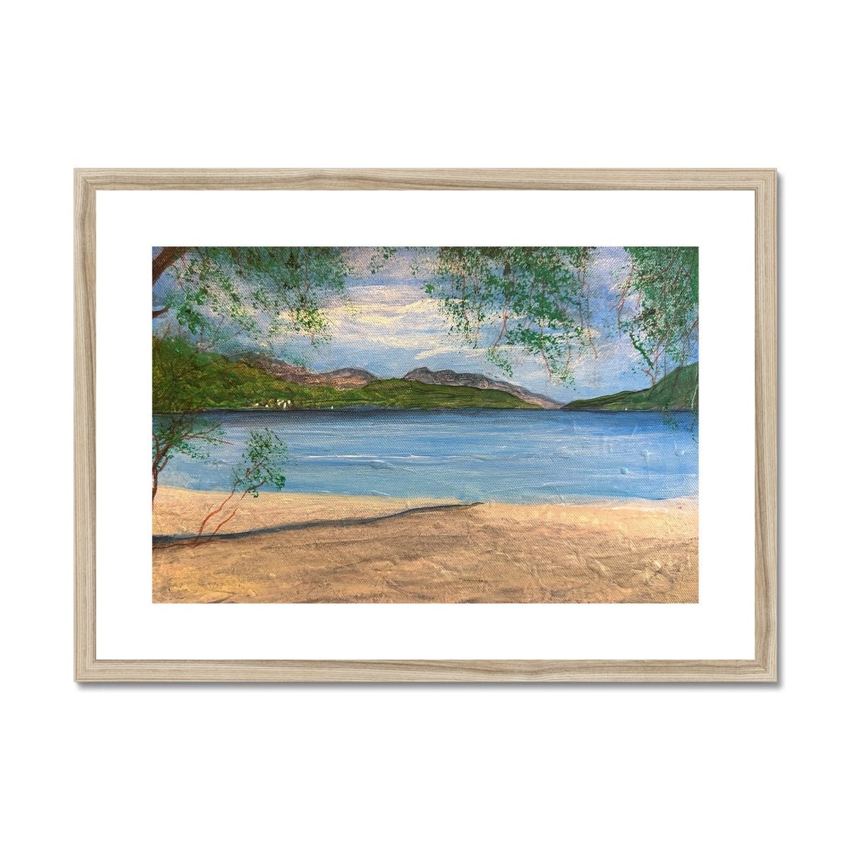 Firkin Point Loch Lomond Painting | Framed & Mounted Prints From Scotland-Framed & Mounted Prints-Scottish Lochs & Mountains Art Gallery-A2 Landscape-Natural Frame-Paintings, Prints, Homeware, Art Gifts From Scotland By Scottish Artist Kevin Hunter