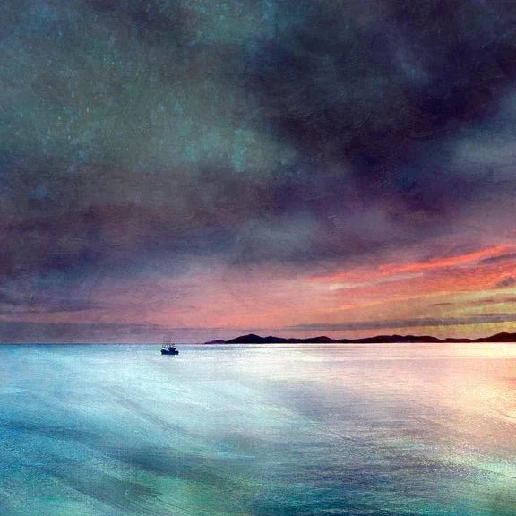 Fishing the Minch print: solitary boat on tranquil ocean at twilight