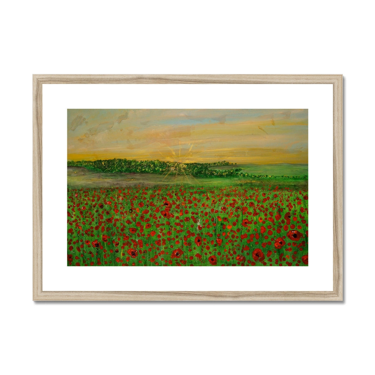 Framed Flanders Fields print of red poppies under golden sky