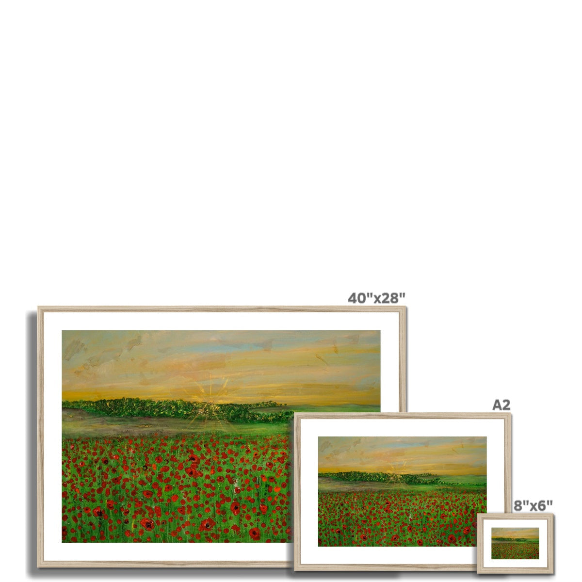 Framed Flanders Fields Art Print of red poppies under golden sky
